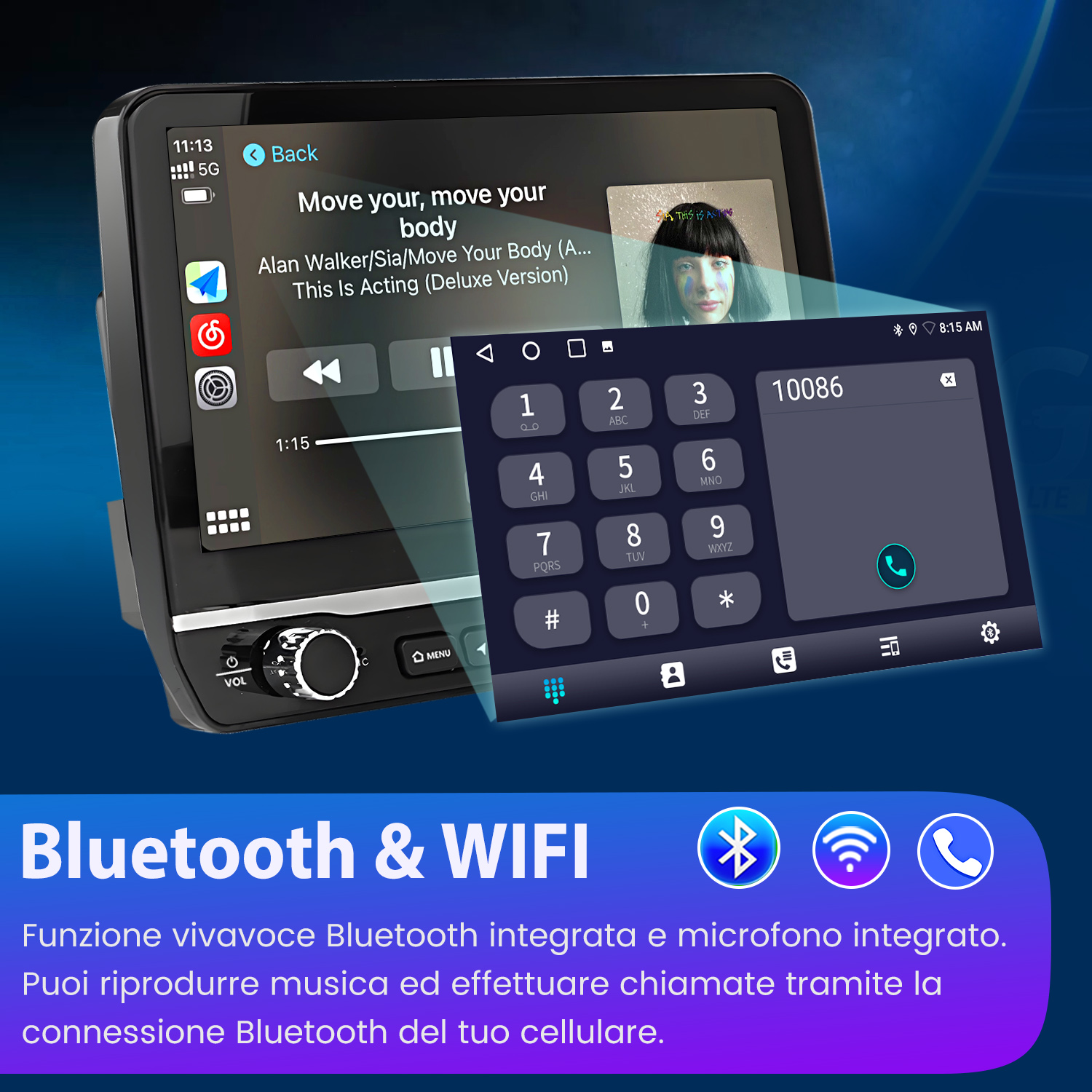 Schermo autoradio mostra info brano e tastierino. Sotto: icone Bluetooth e WIFI.