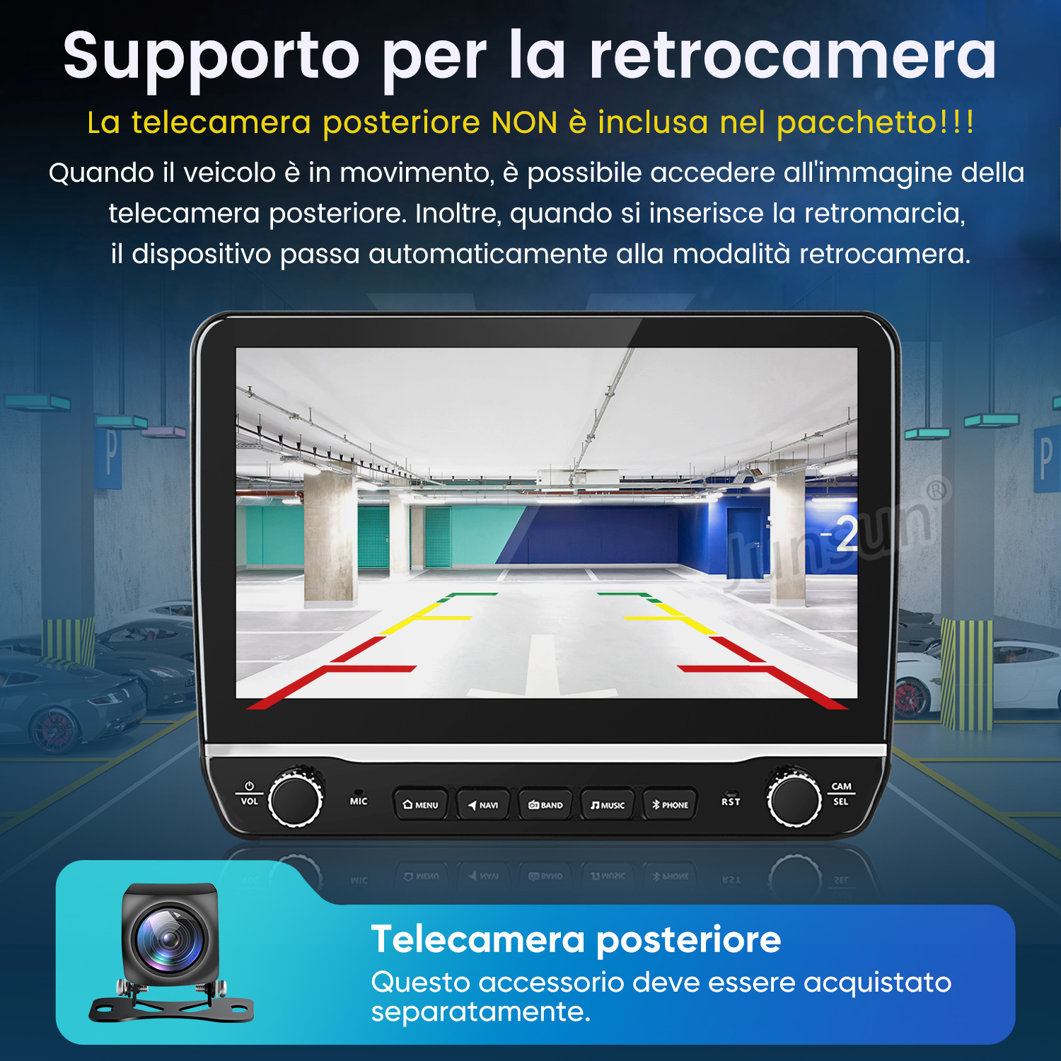 Un autoradio mostra la vista di una telecamera posteriore in un parcheggio.