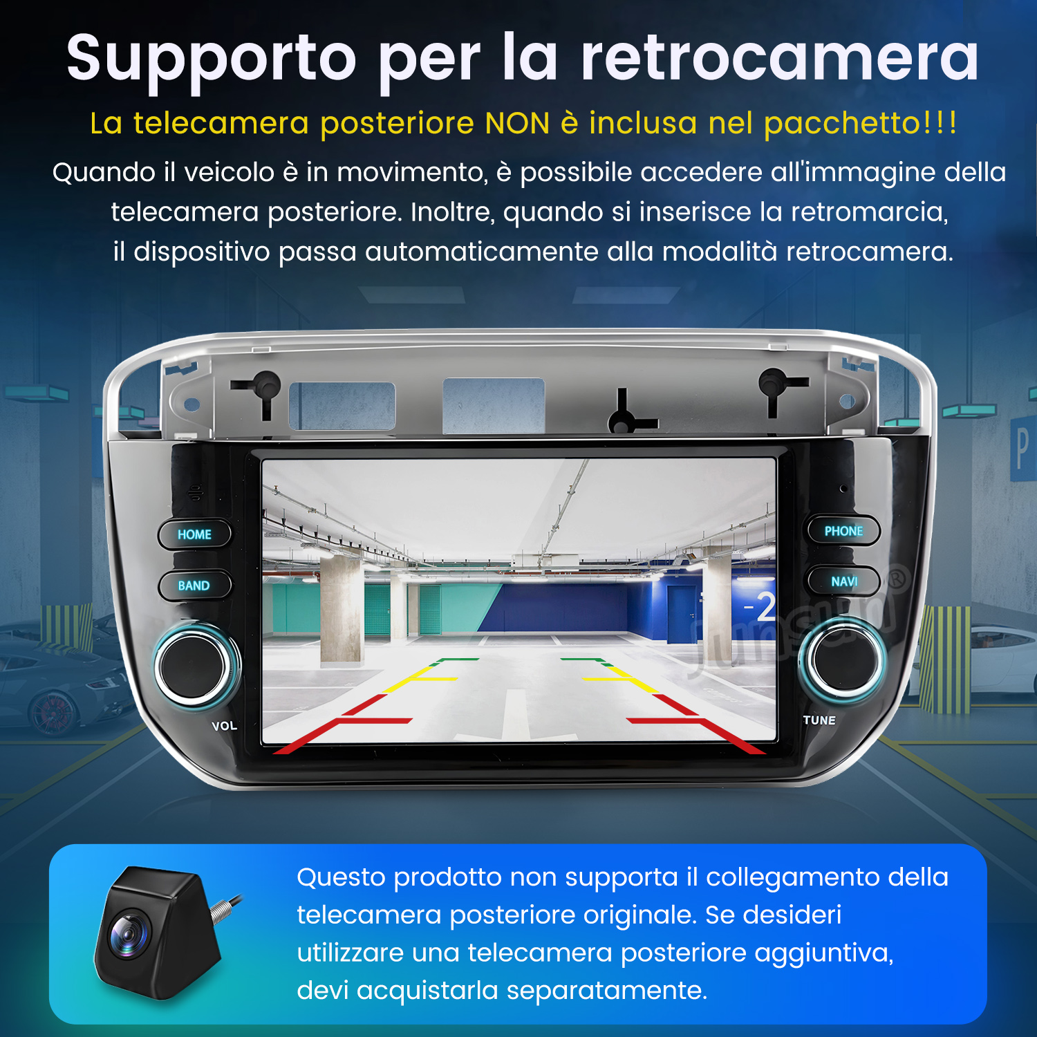 Un autoradio mostra la vista della telecamera posteriore in un garage.