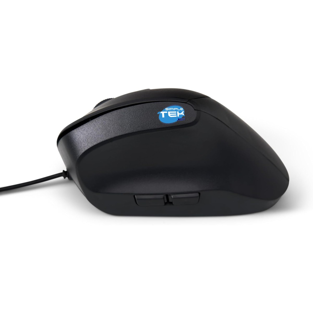 Mouse da computer nero con logo blu, su sfondo bianco.