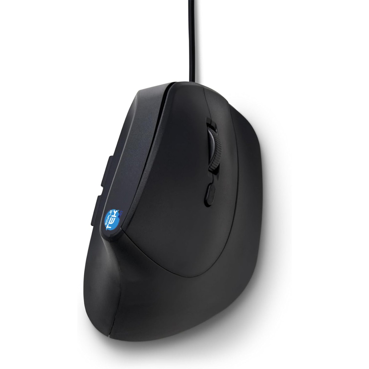 Mouse verticale nero con rotella di scorrimento e logo blu "SIMPLE TECH".