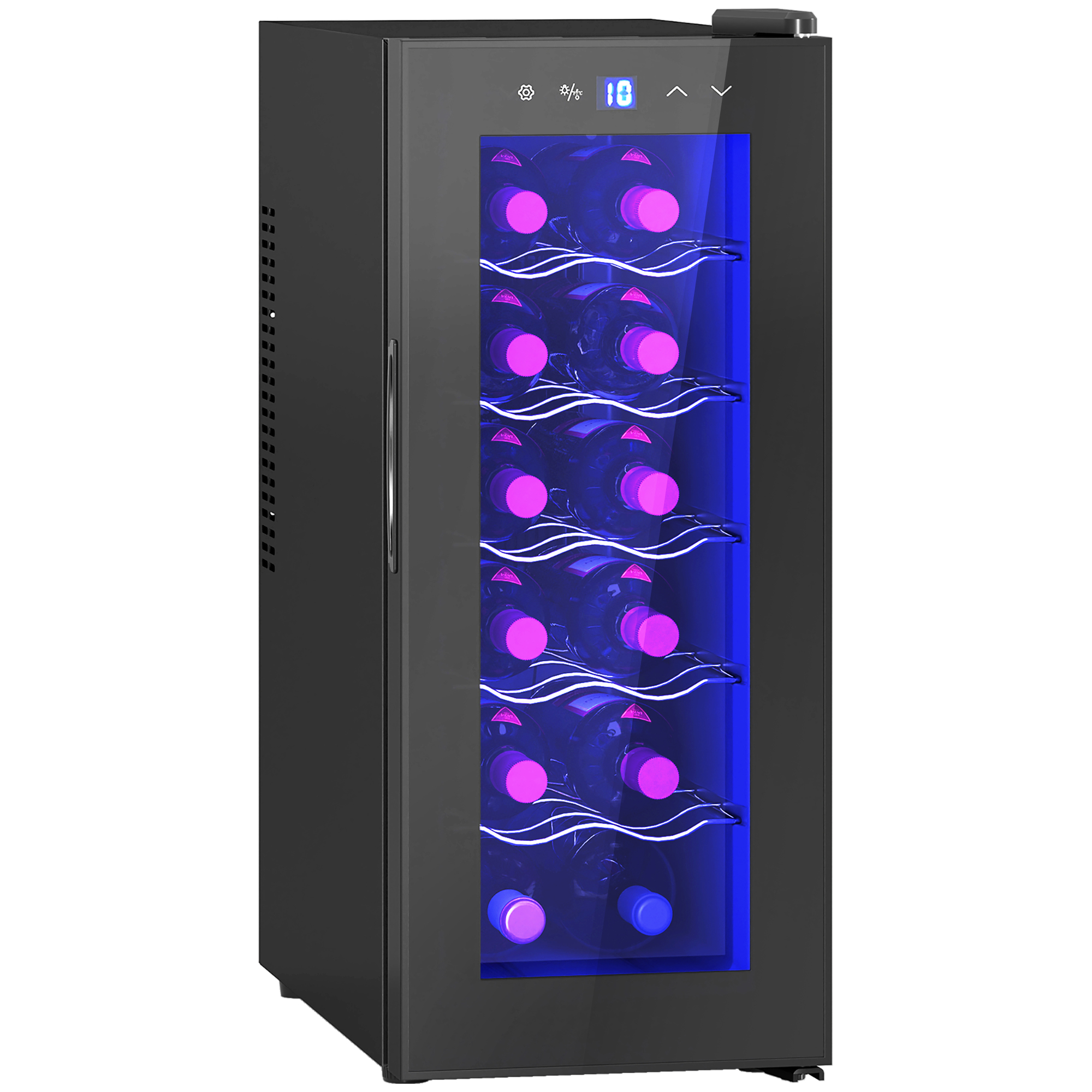 Una cantinetta per vino nera con porta in vetro, illuminata di blu, con 10 bottiglie.