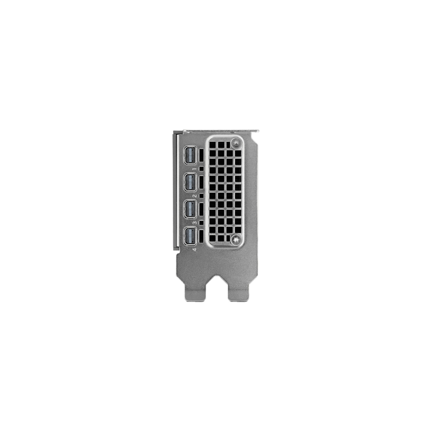 Carte graphique d'ordinateur argentée avec quatre ports et grille de ventilation.