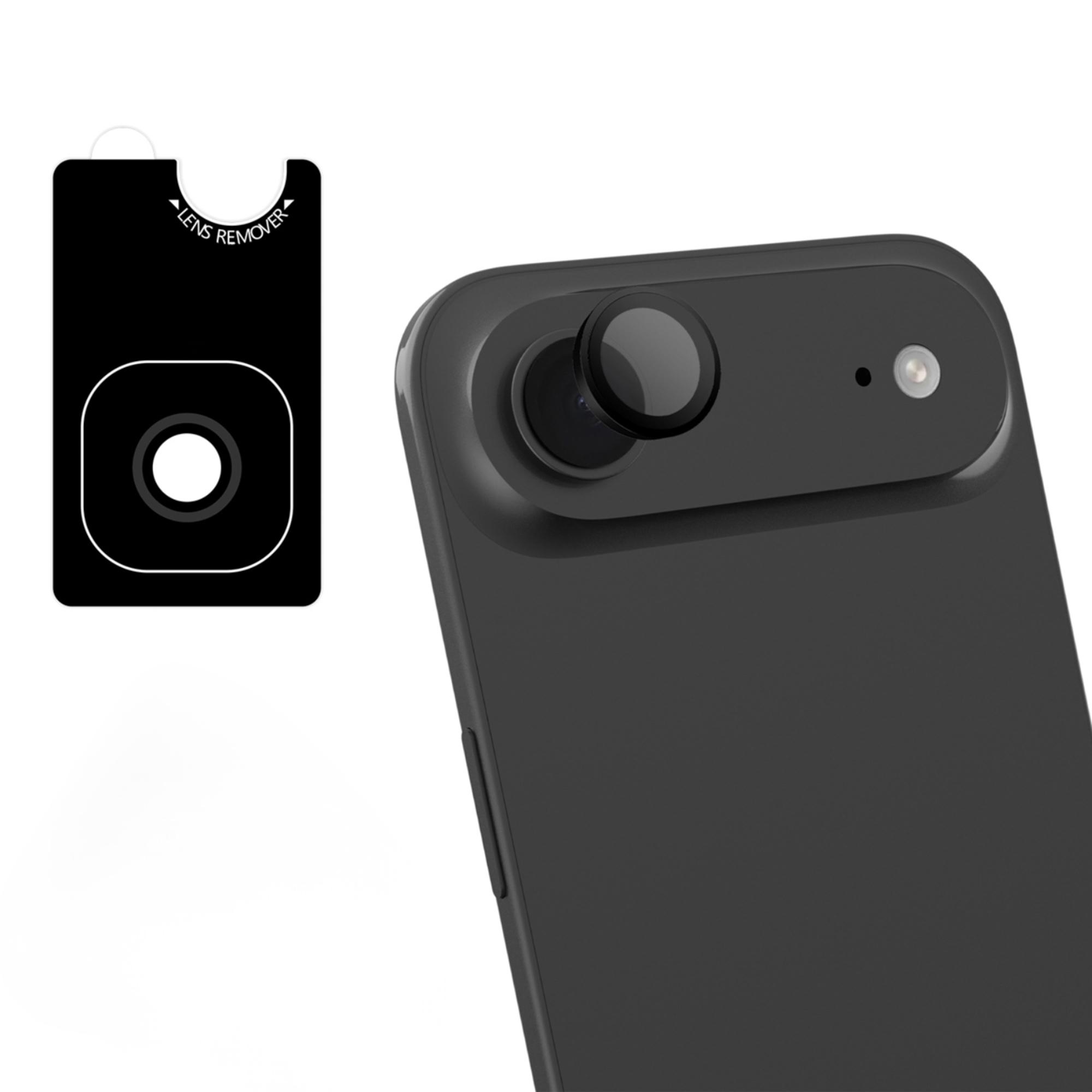 Een zwarte lensadapter op een smartphone, met een gereedschap links.