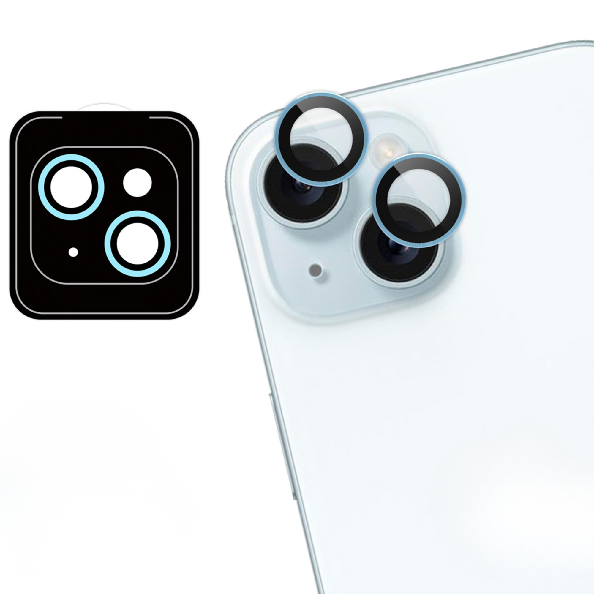 Black background with two lens protectors and a white phone back.