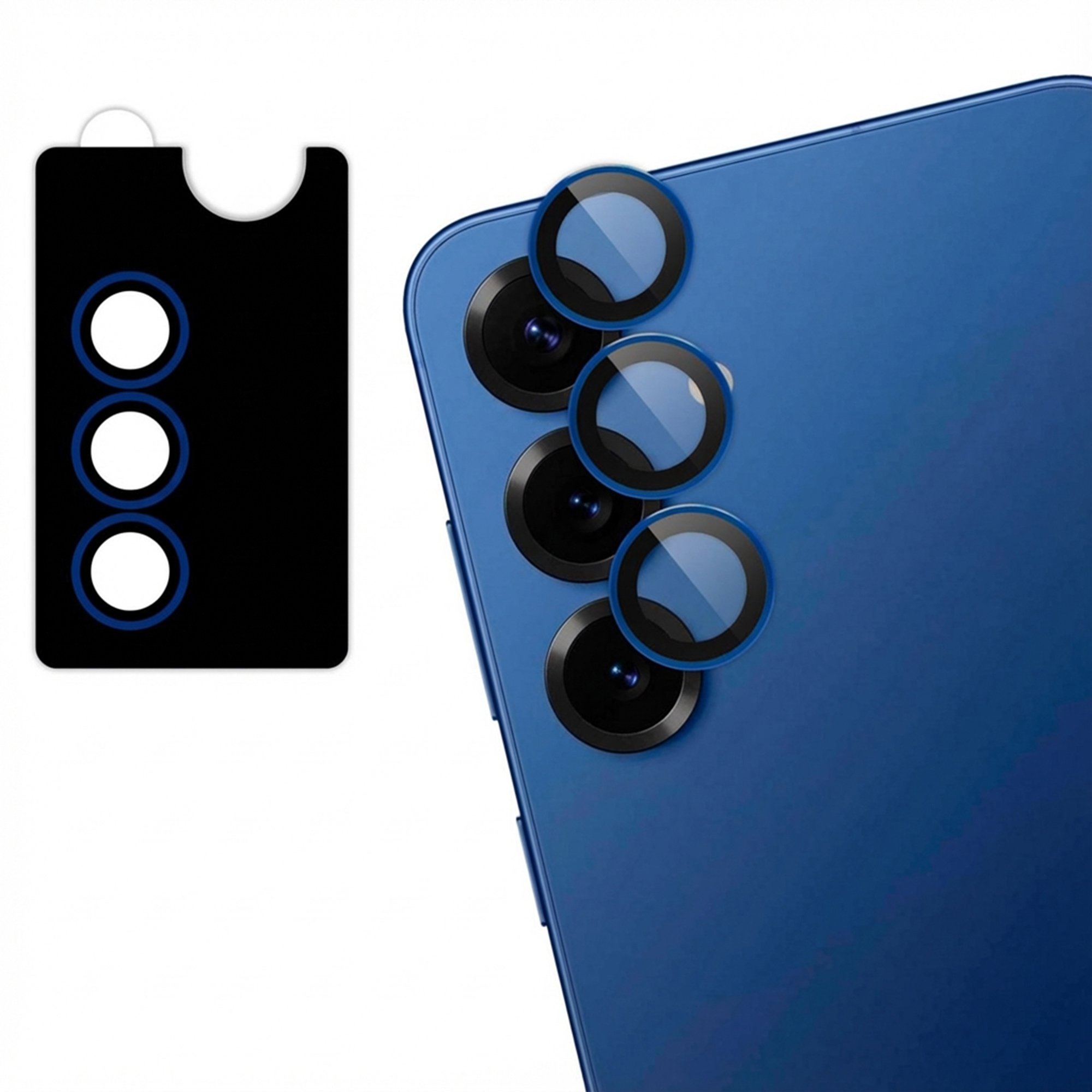 Blauwe telefoonachterkant met vier lensbeschermers en een zwarte houder.