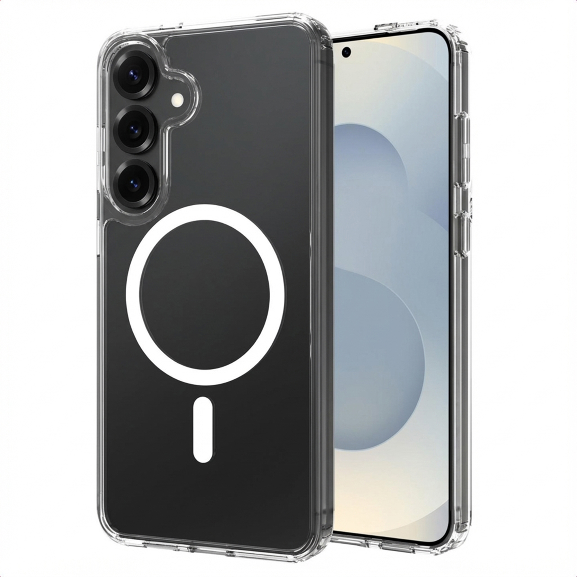 Custodia trasparente per telefono con tre fotocamere e logo cerchio bianco.