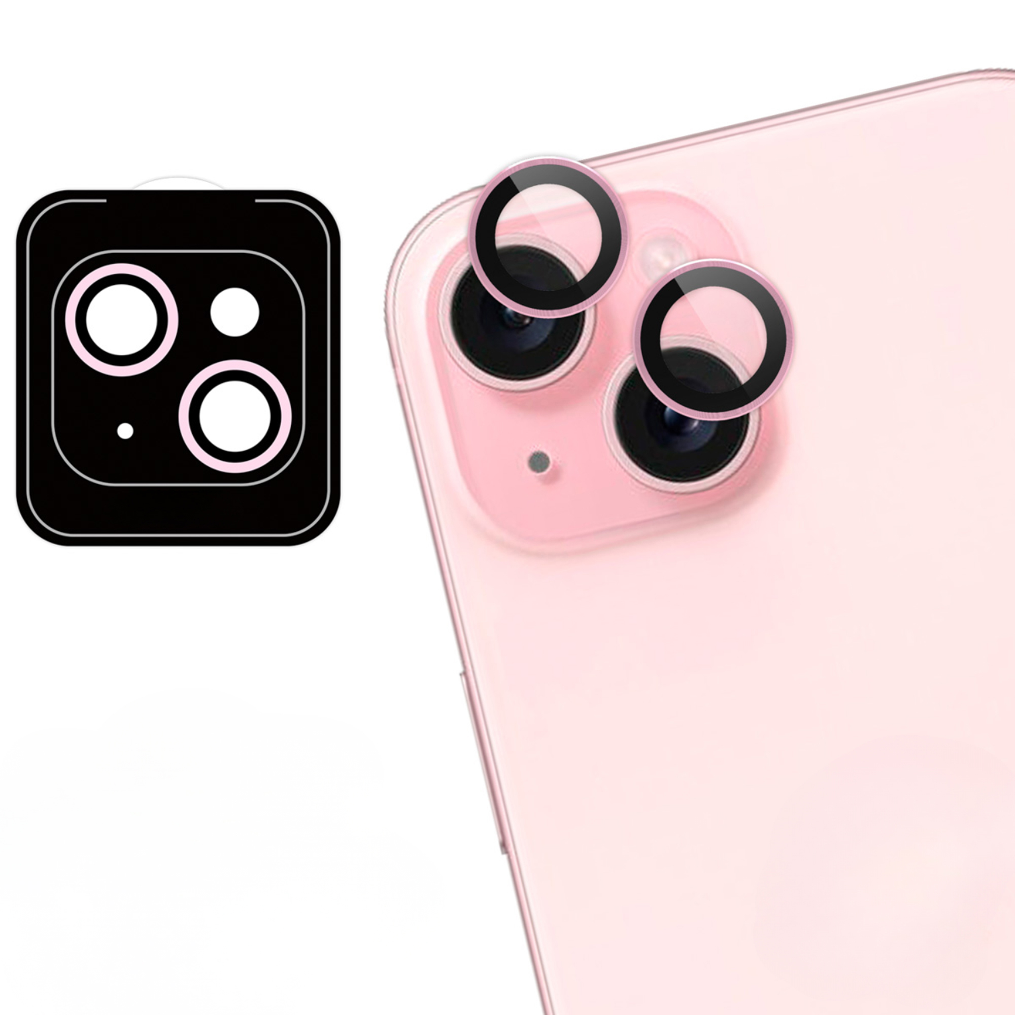 A black screen protector for a phone camera lies next to a pink phone.