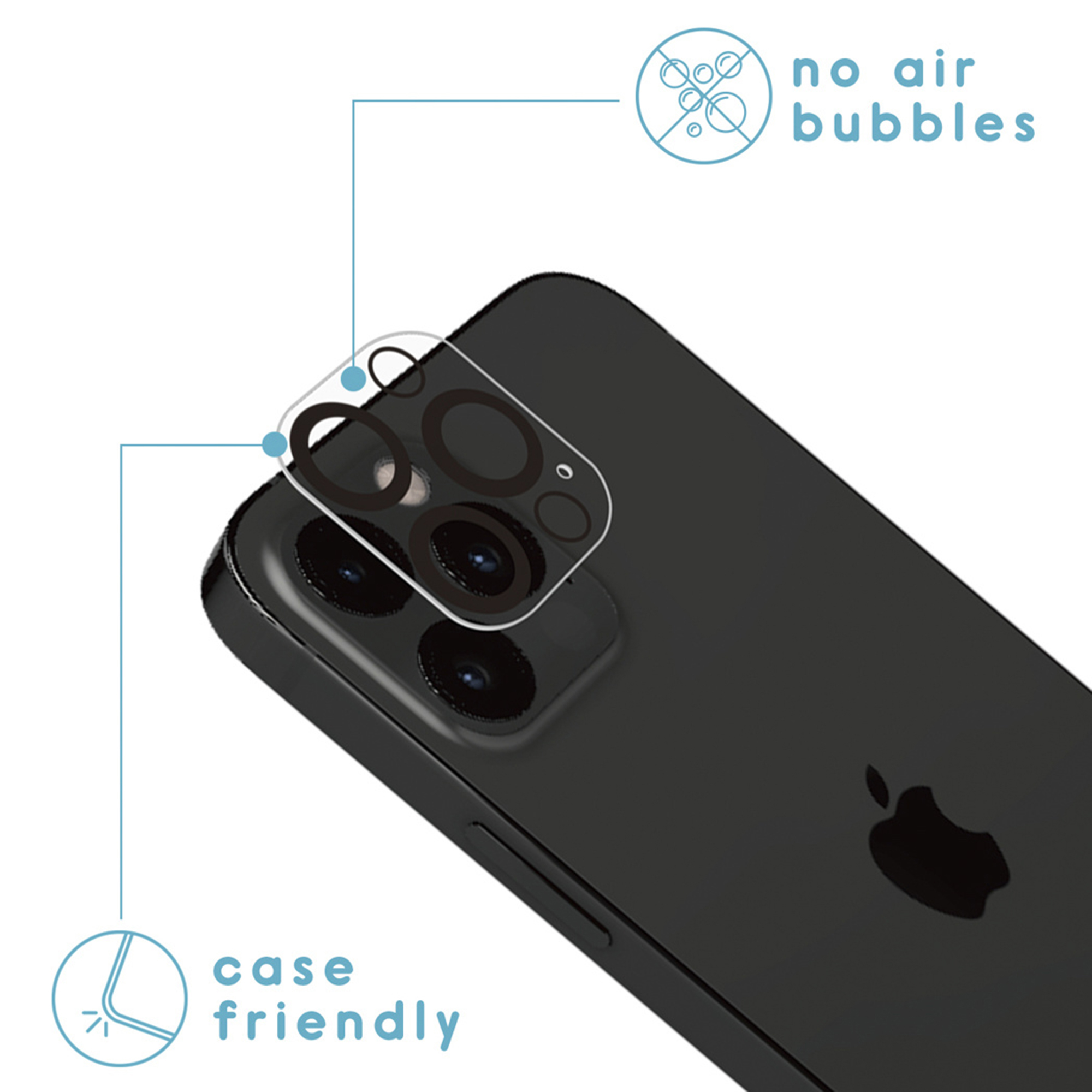 Smartphone noir avec protection d'objectif. Sans bulles et compatible étui.
