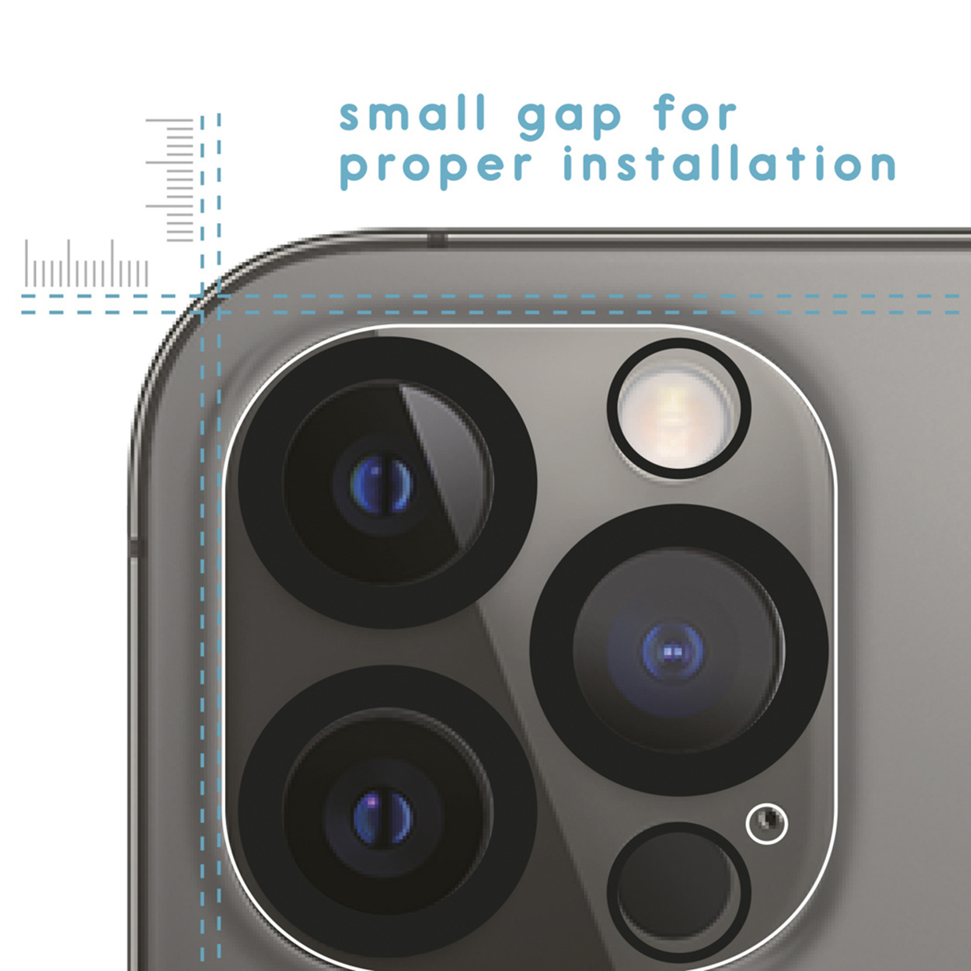 Gros plan d'un appareil photo de smartphone avec outil de mesure et instructions.
