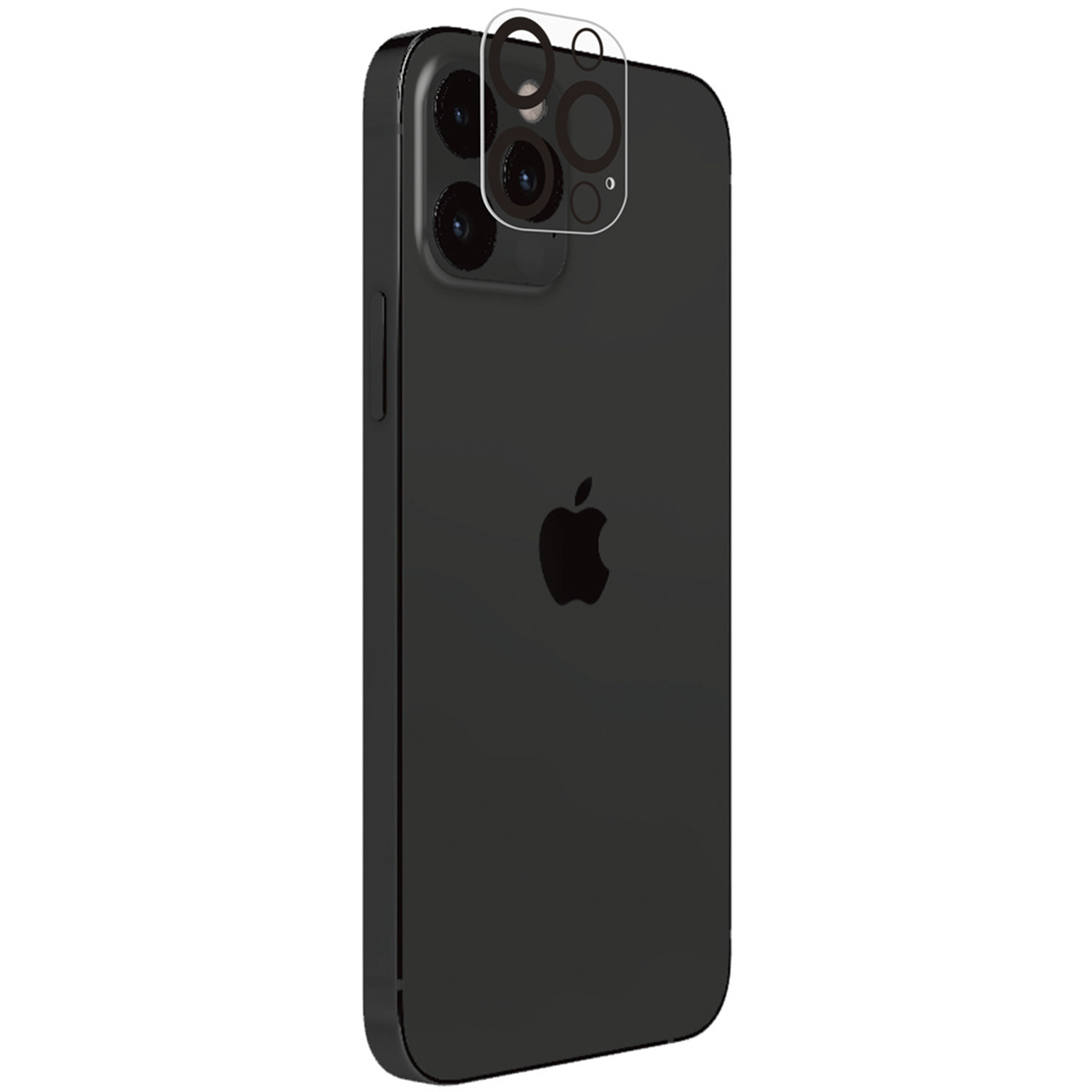 Smartphone noir avec triple appareil photo et protecteur.