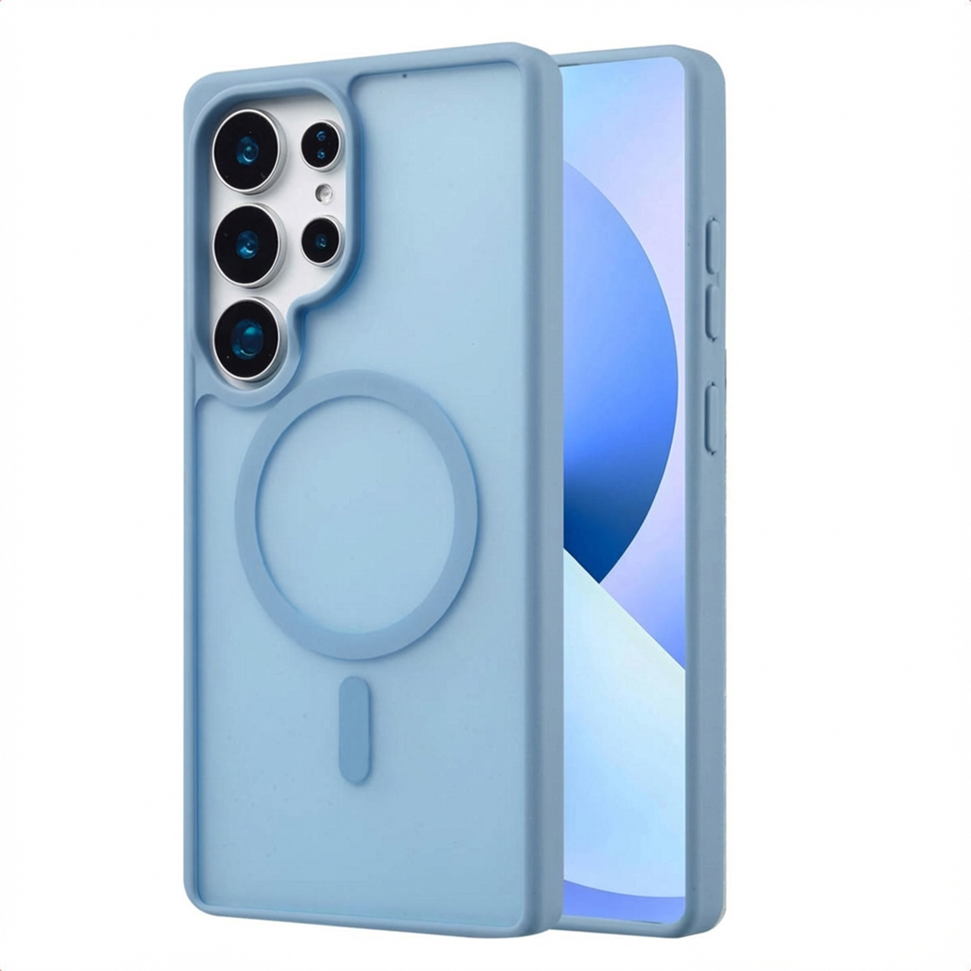 Een lichtblauwe telefoonhoes met camera-uitsparing en een ronde magneetring.