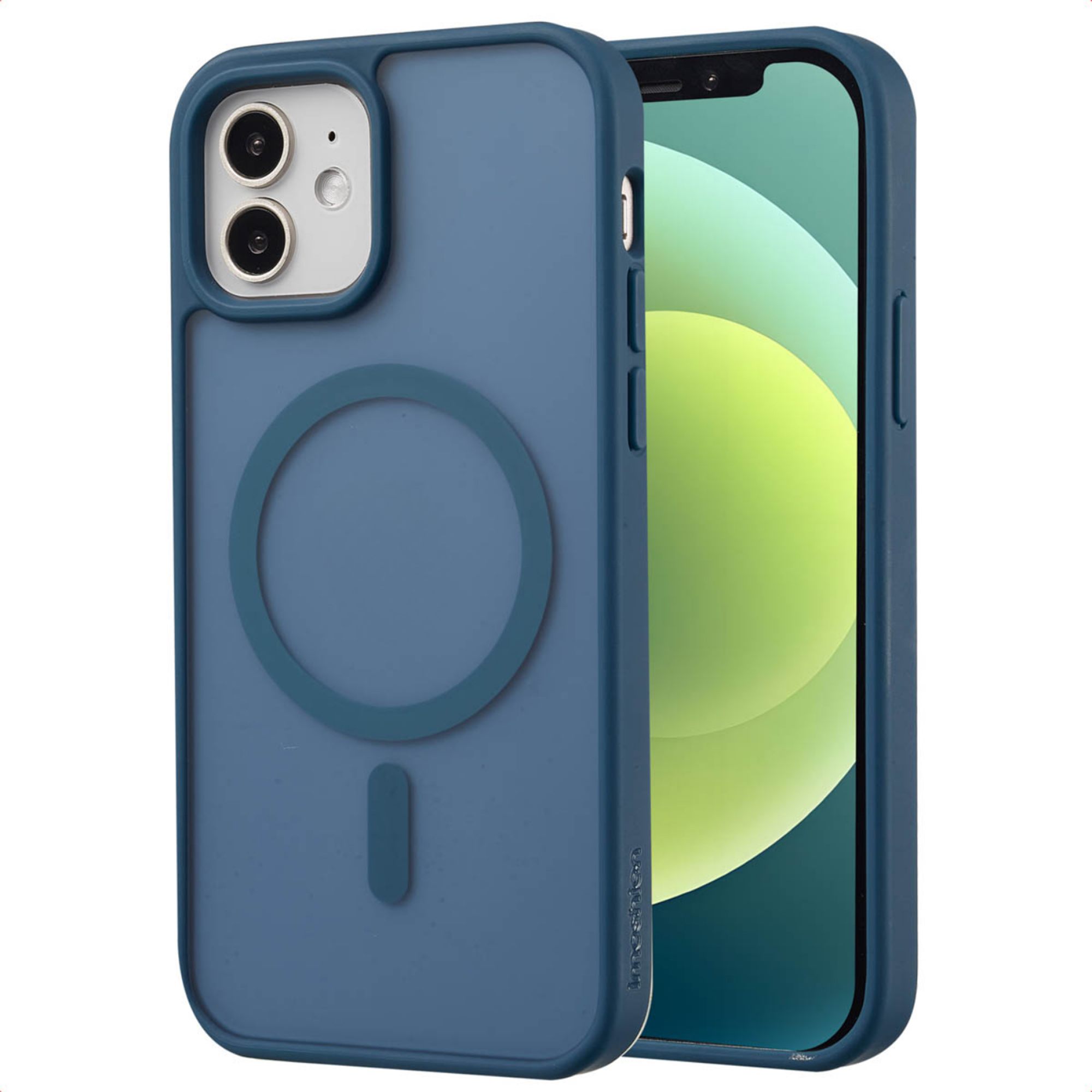 Een blauwe telefoonhoes met twee camera's en een magneetring.