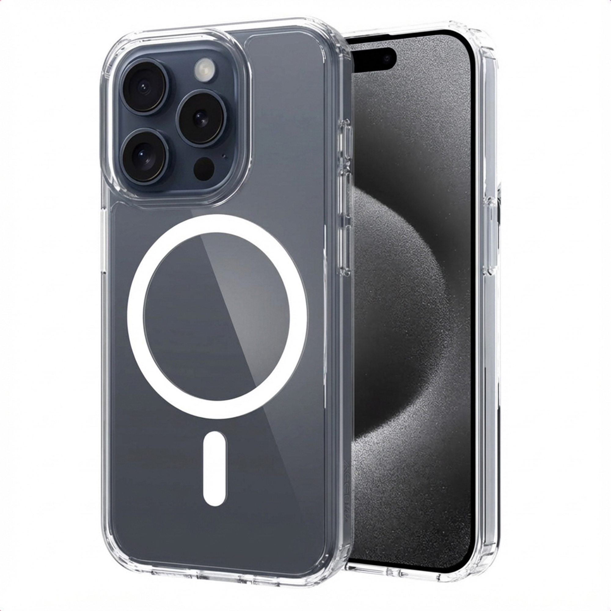 Doorzichtige telefoonhoes met magneetring en camera-uitsparing.