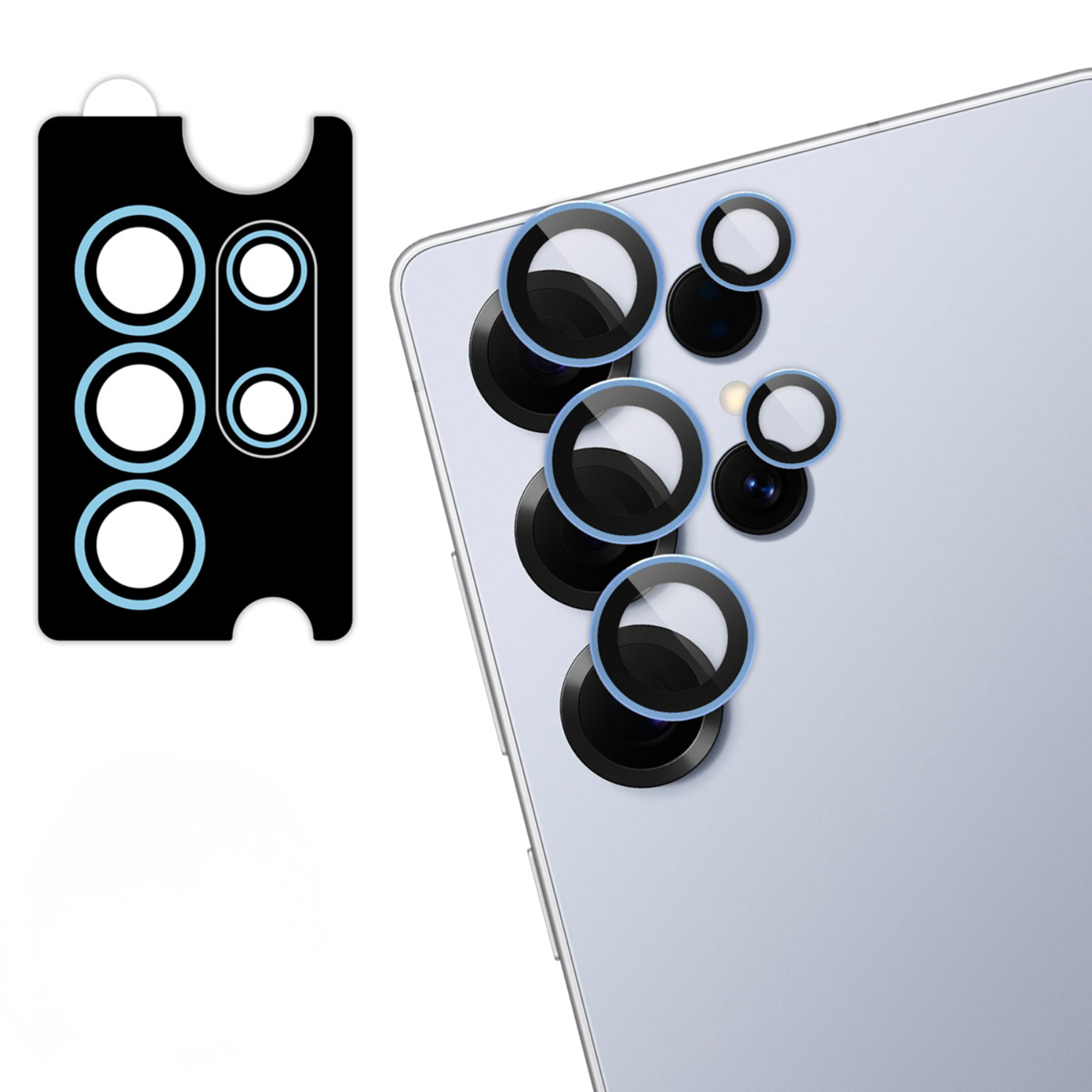 Feuille protectrice noire avec cercles et module caméra smartphone avec anneaux.