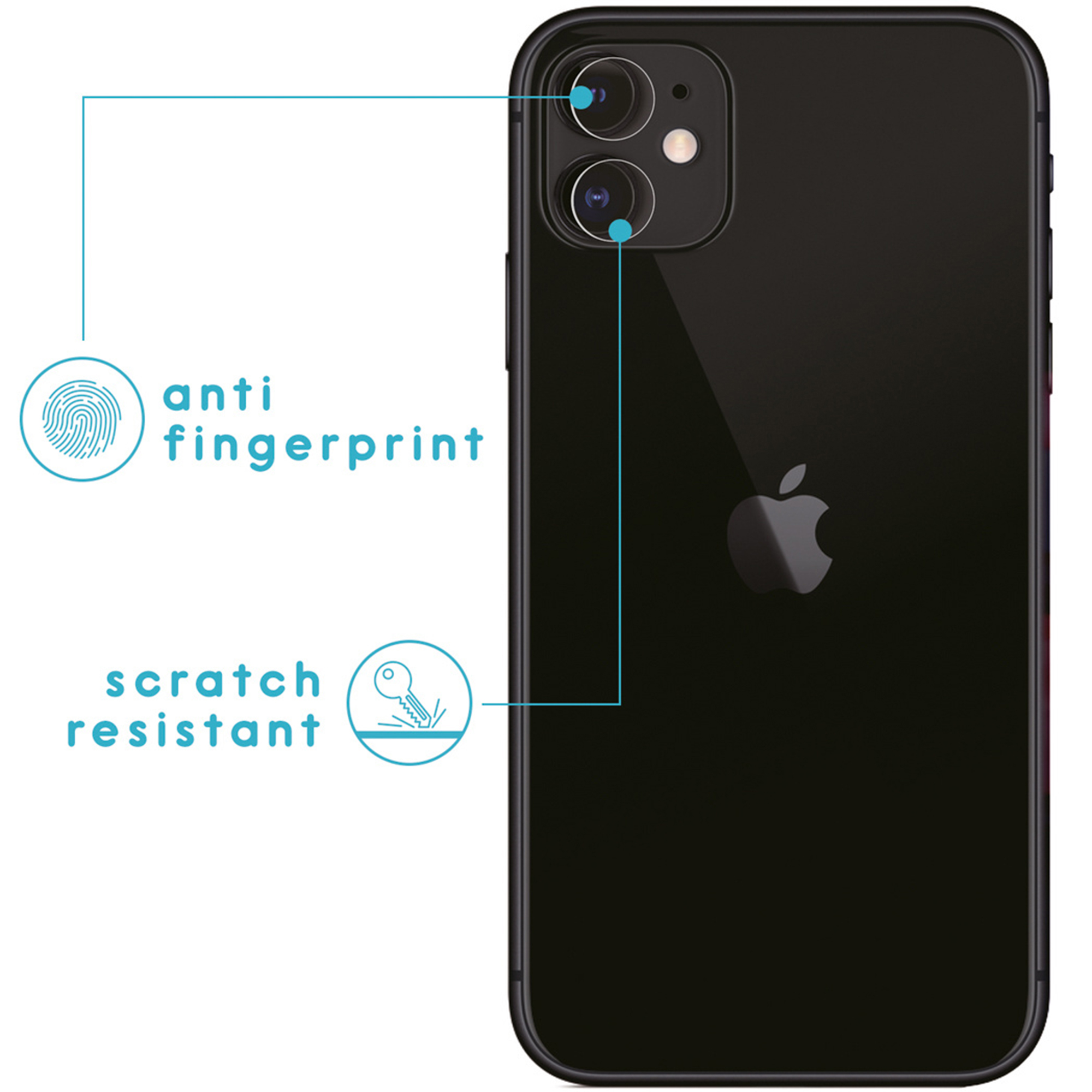 iPhone noir avec caméra et logo Apple. "Anti-traces" et "résistant aux rayures".