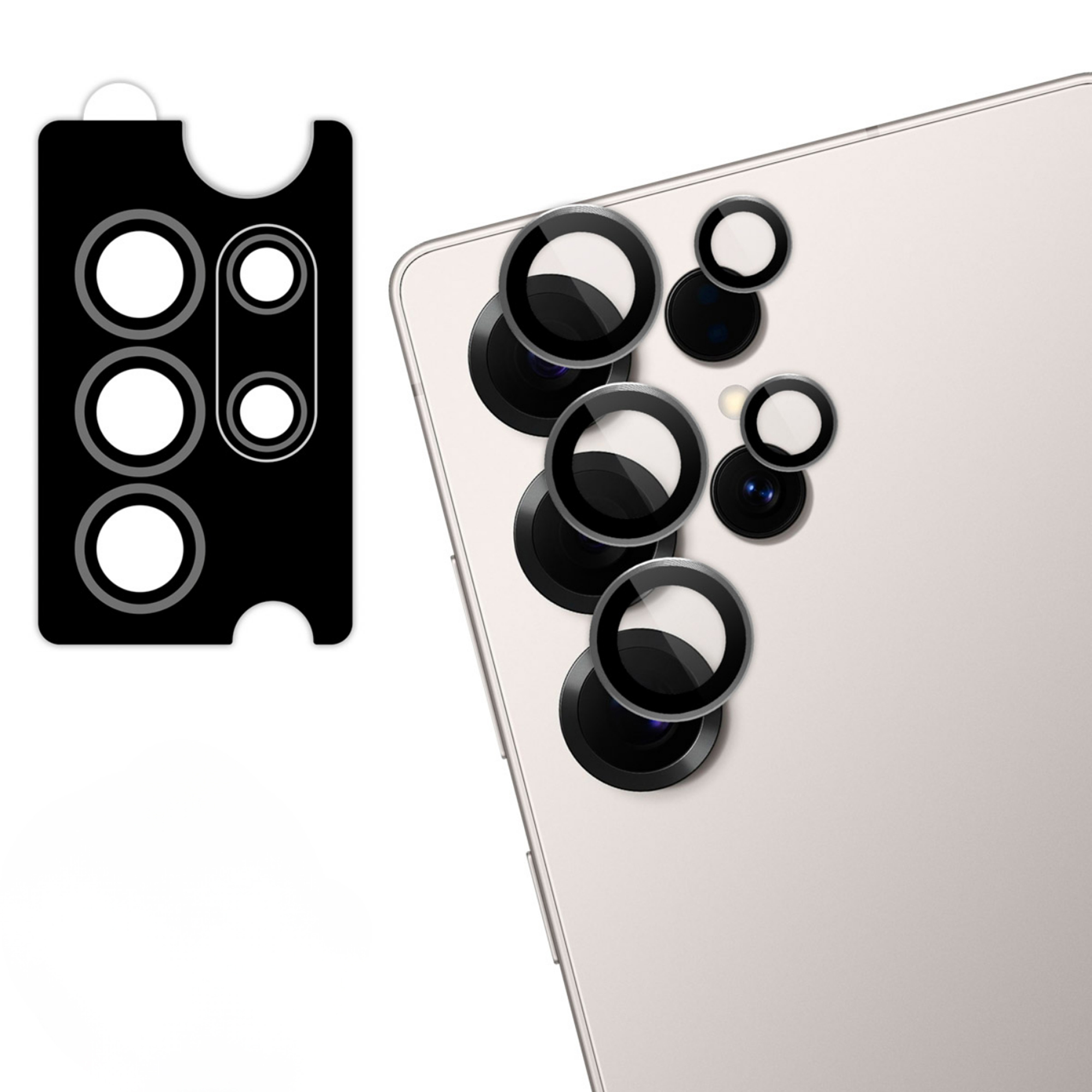 Zwart beschermglas voor smartphonecamera's en achterkant van een telefoon.