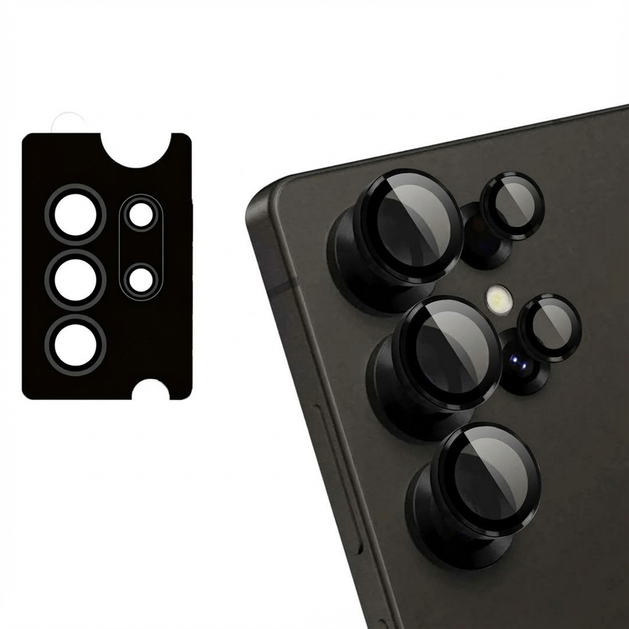Zwarte cameralens protector voor smartphone.