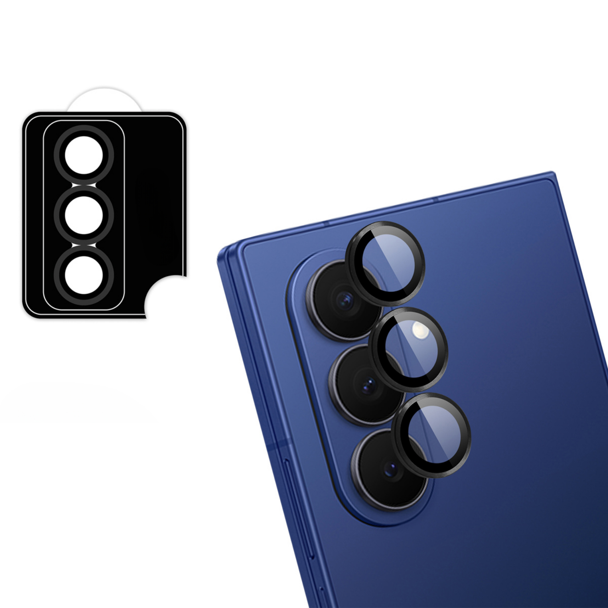 Blauwe smartphone achterkant met vier cameralenzen en een zwarte sjabloon.