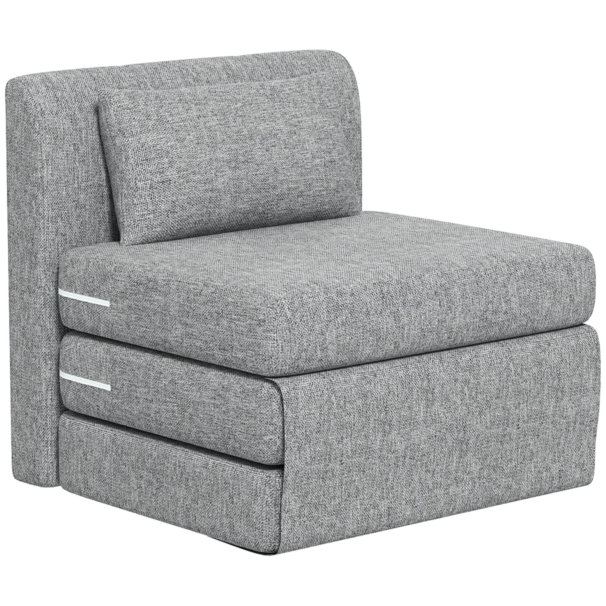 Divano letto in tessuto grigio con cuscino, su sfondo bianco.
