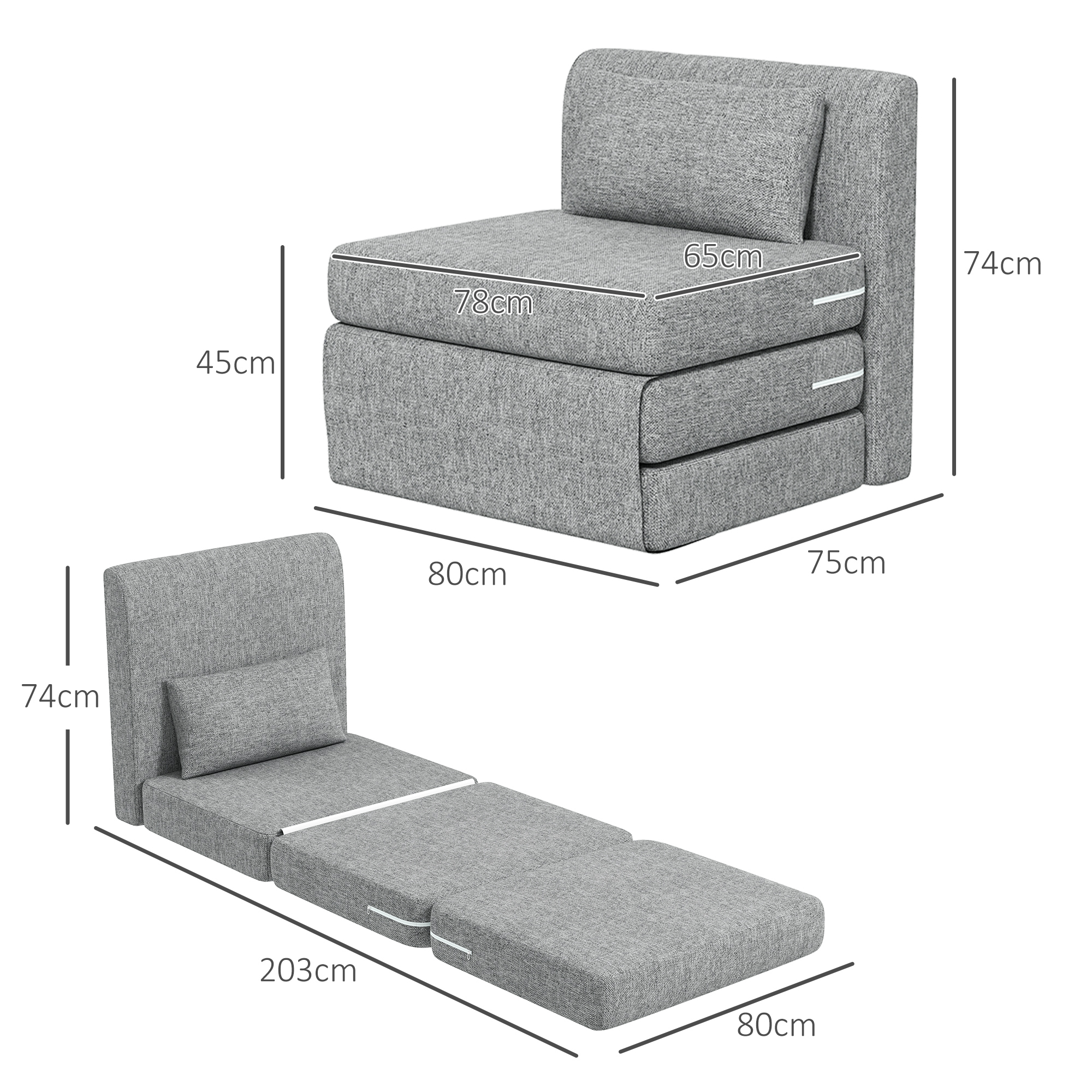 Divano letto grigio con dimensioni: 80x75x75cm (lungo 203cm da aperto).