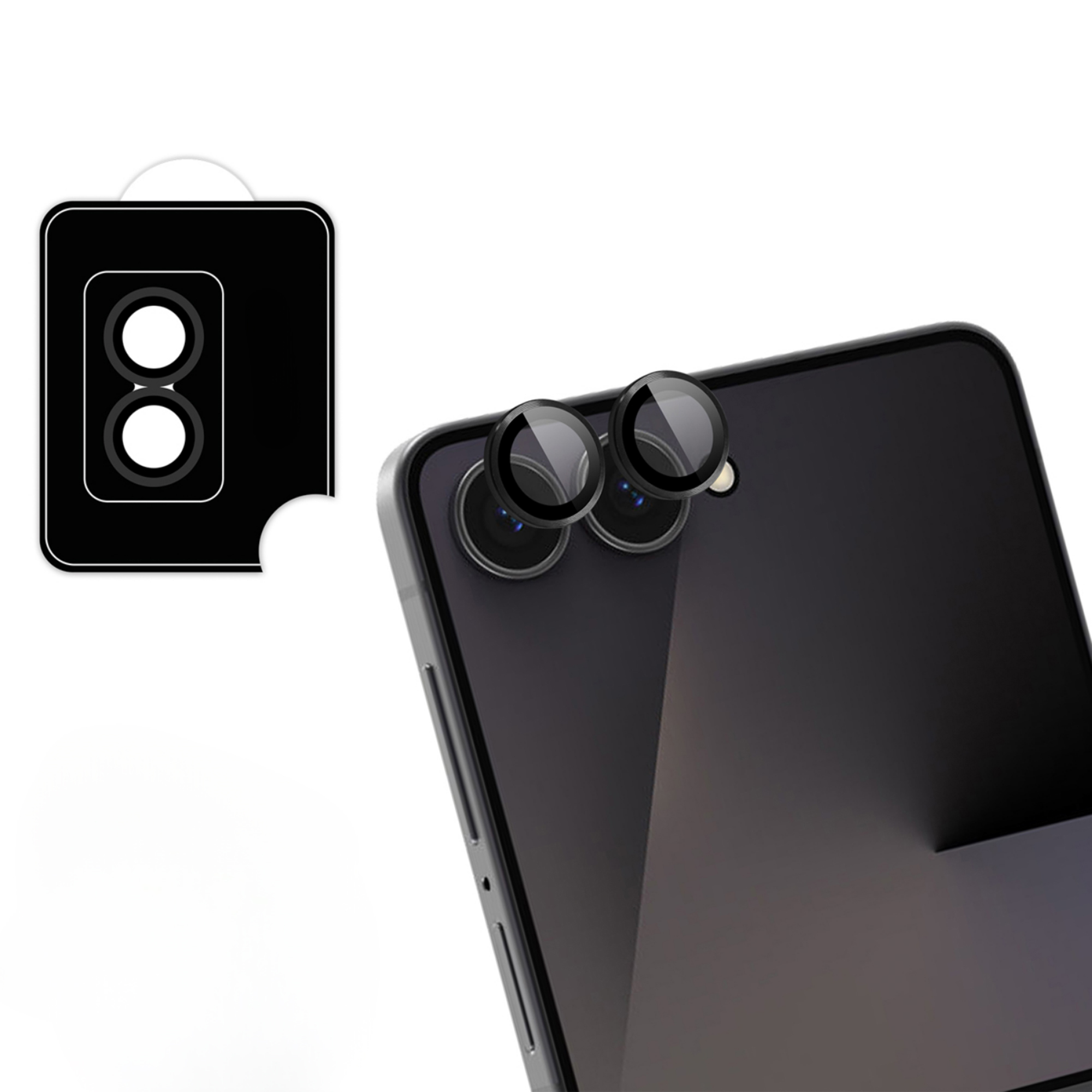 Zwarte smartphone met twee cameralenzen en ernaast een beschermfolie.