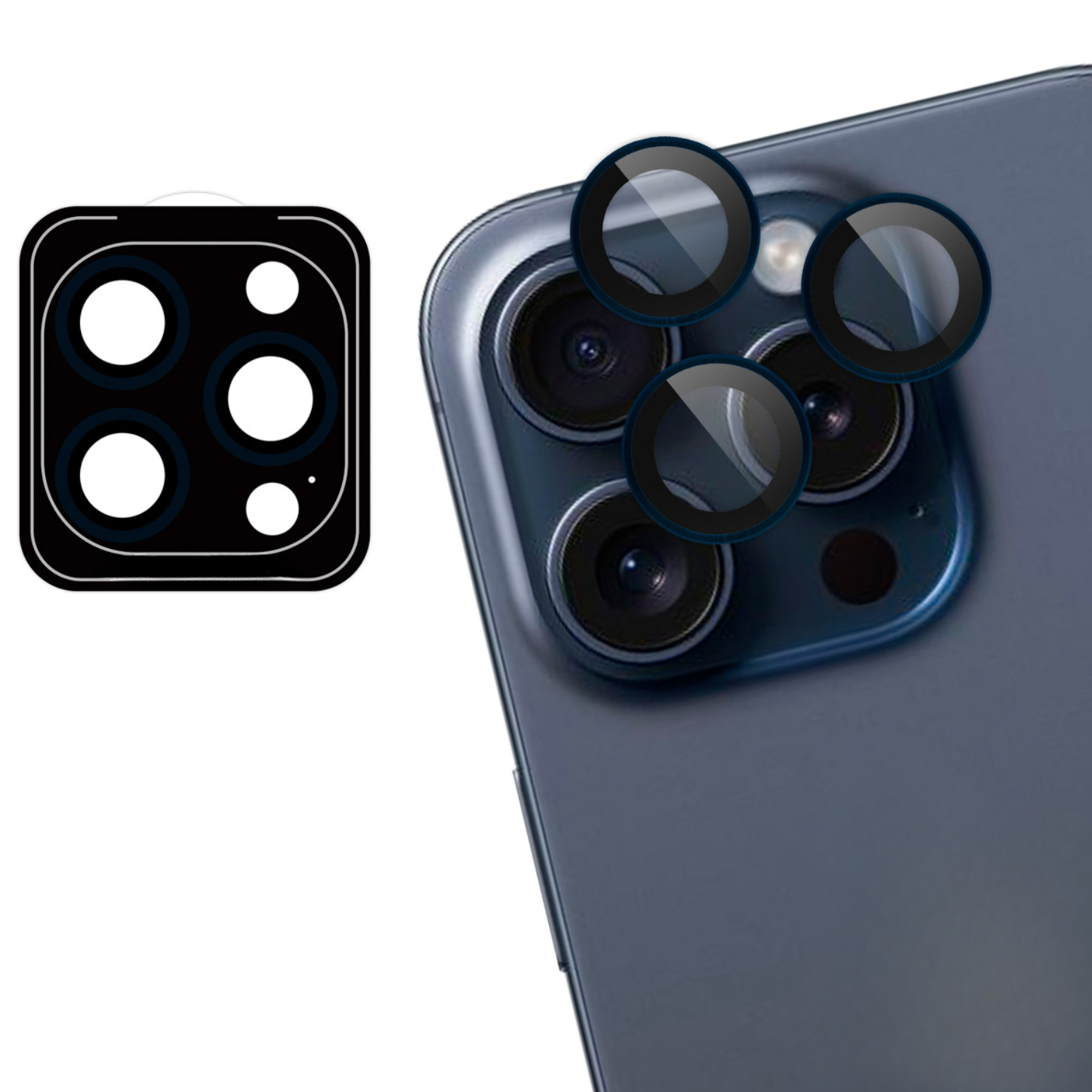 Cadre de caméra noir avec quatre objectifs et films protecteurs pour smartphone.