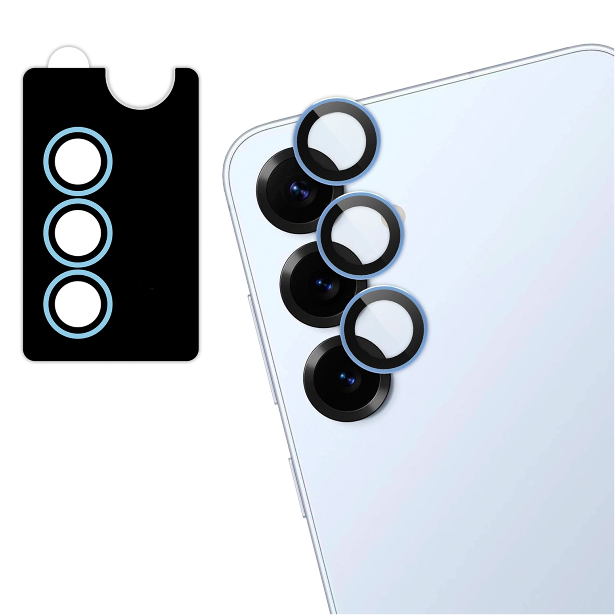 Support noir avec trois cercles; Objectifs de caméra de téléphone avec anneaux bleus.