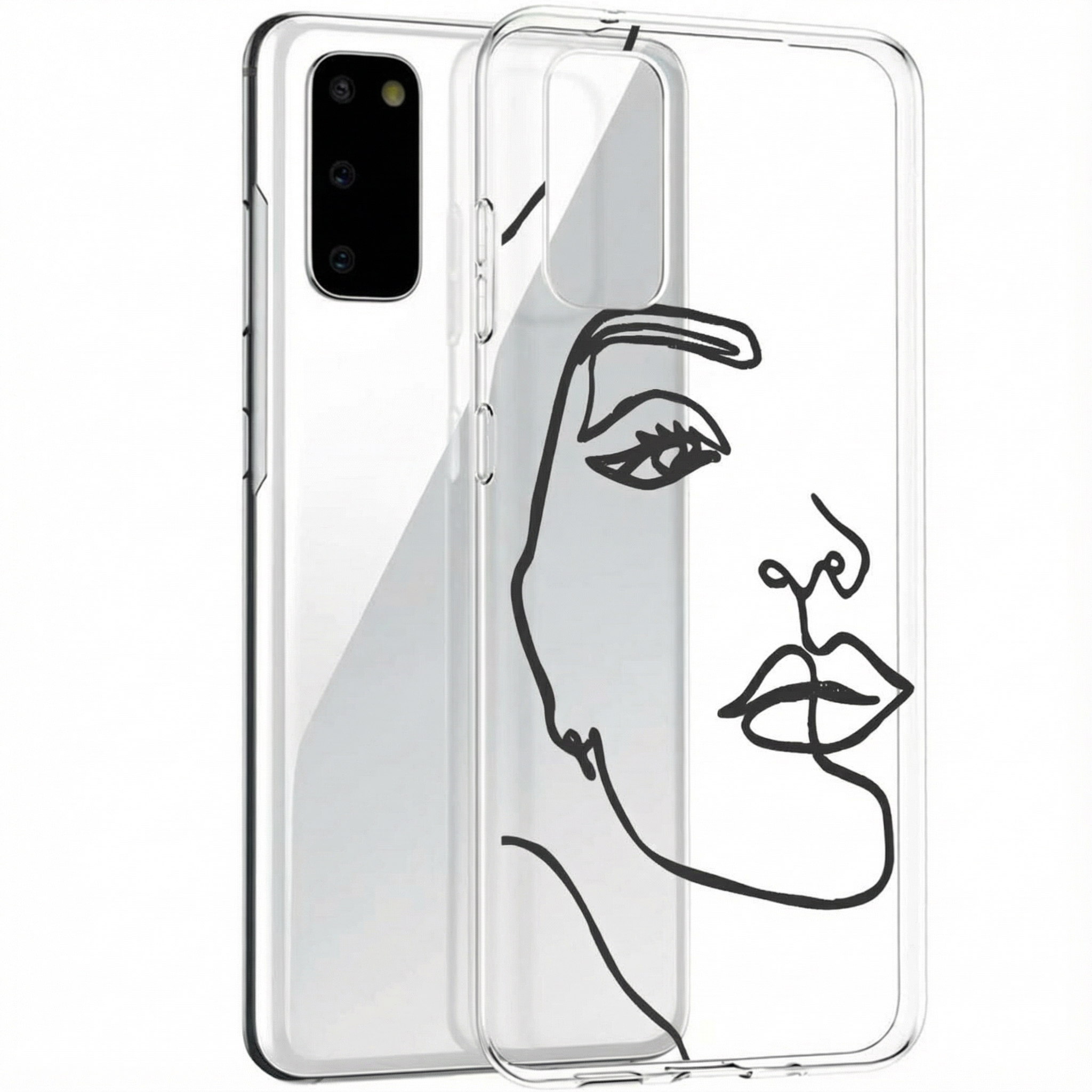 Coque de téléphone transparente avec dessin de visage en ligne noire.