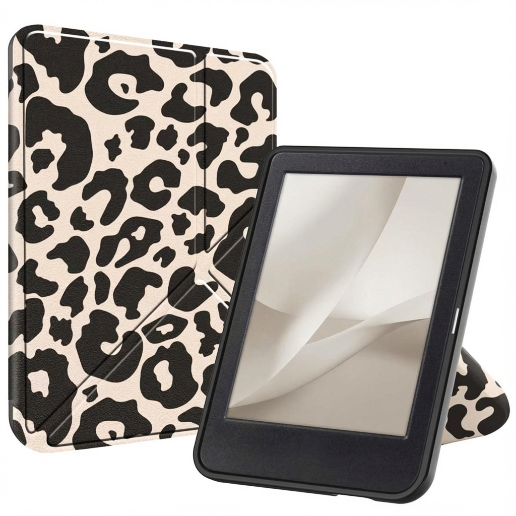 Een zwarte e-reader in een luipaardprint hoes wordt getoond op wit.