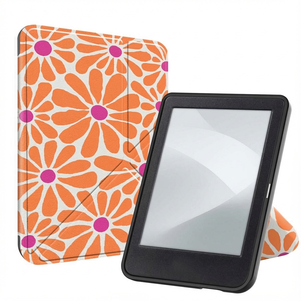 Un liseuse avec un étui de protection à motif floral noir et blanc.