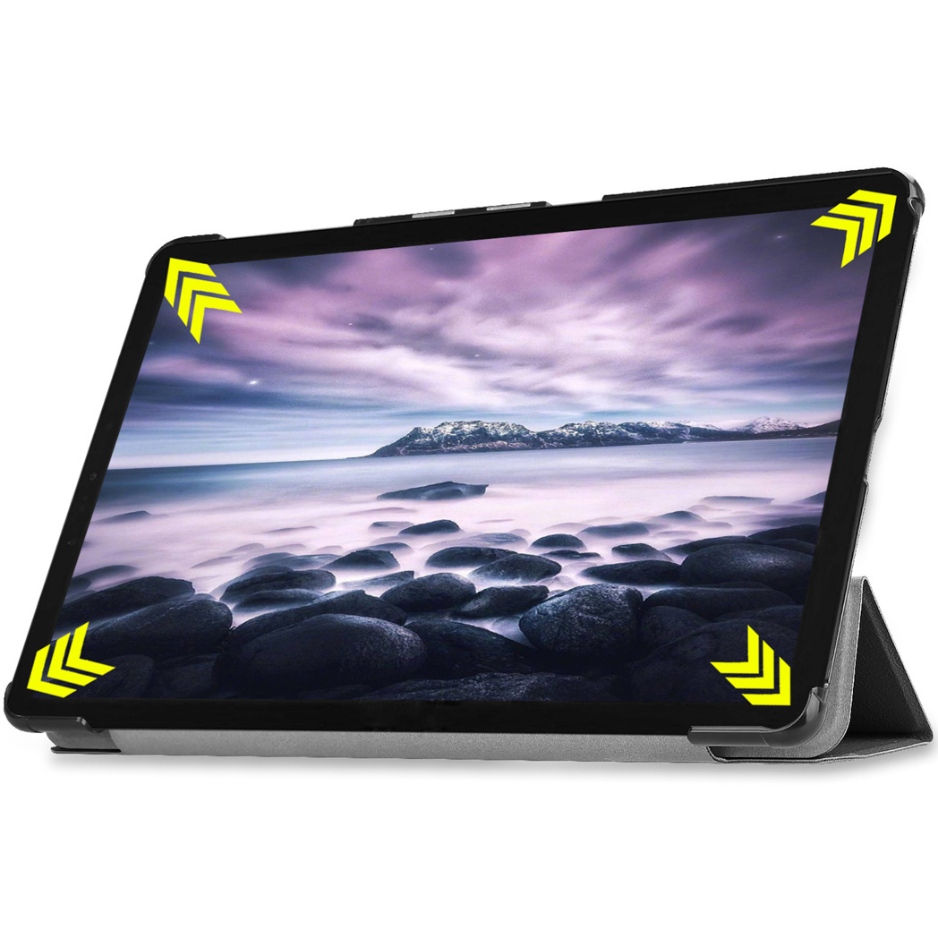 Een tablet met een landschapsscène, met gele pijlen in de hoeken.