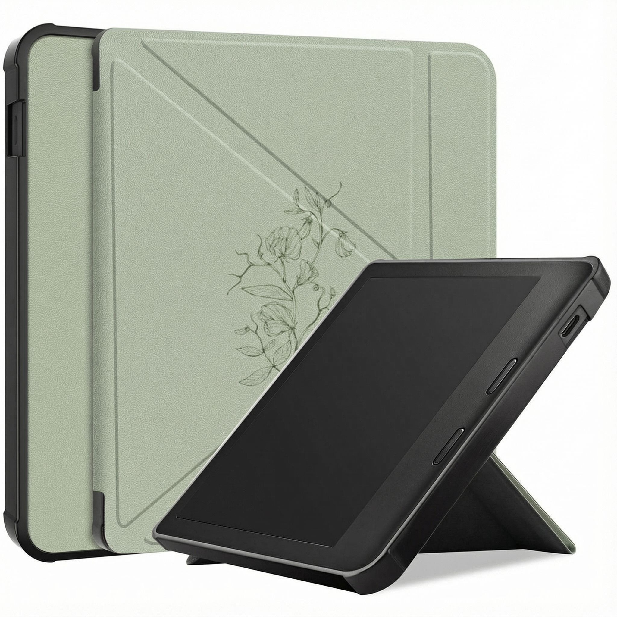 Een lichtgroene e-reader hoes met bloemenpatroon staat naast een zwarte e-reader.