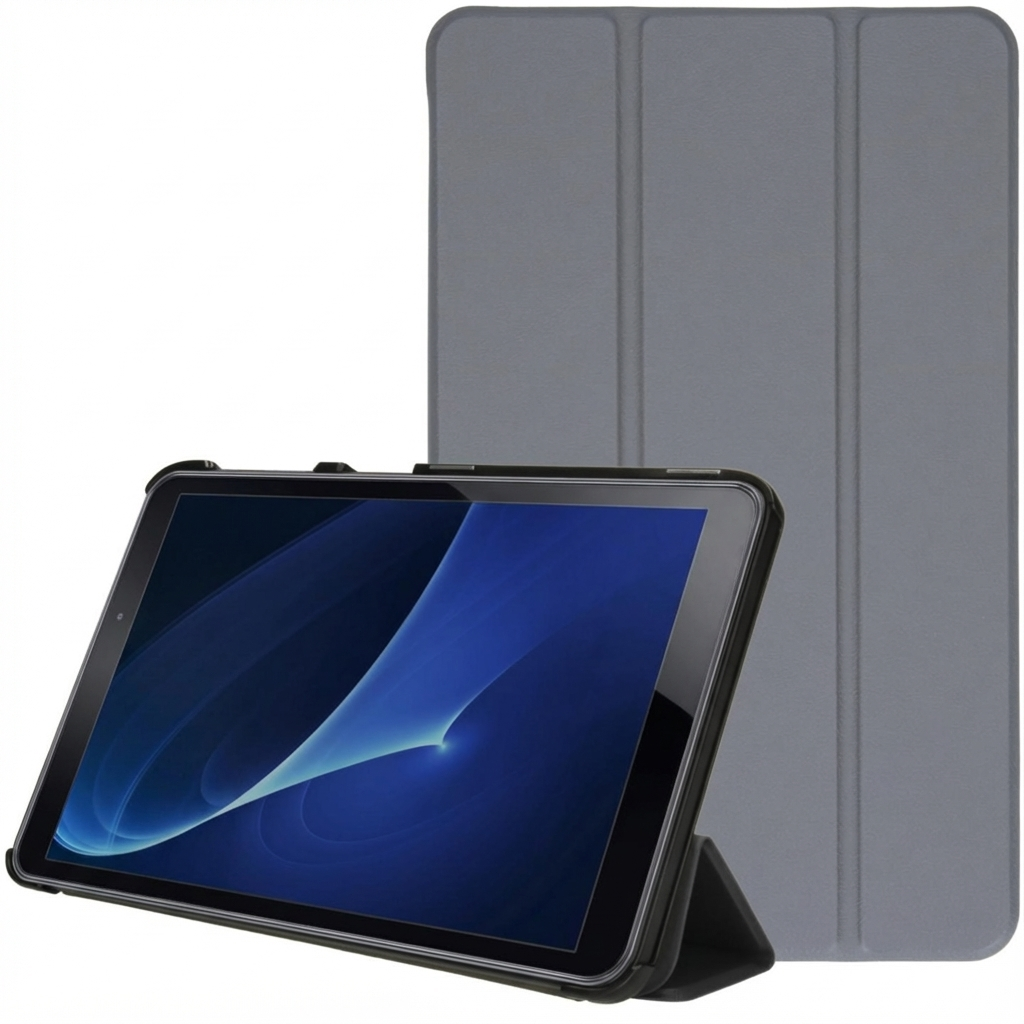 Grijze tablet in beschermhoes, rechtopstaand op witte achtergrond.