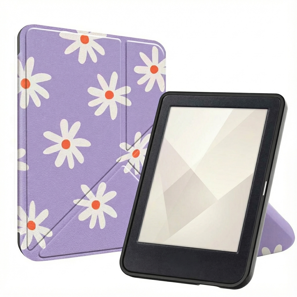 Een paarse e-reader hoes met bloemenpatroon naast een zwarte e-reader met een leeg scherm.