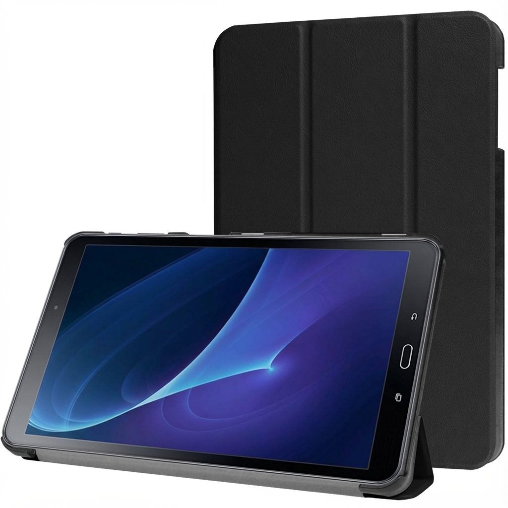 Een zwarte tablet in een hoes staat rechtop. Het scherm toont een blauw abstract ontwerp.