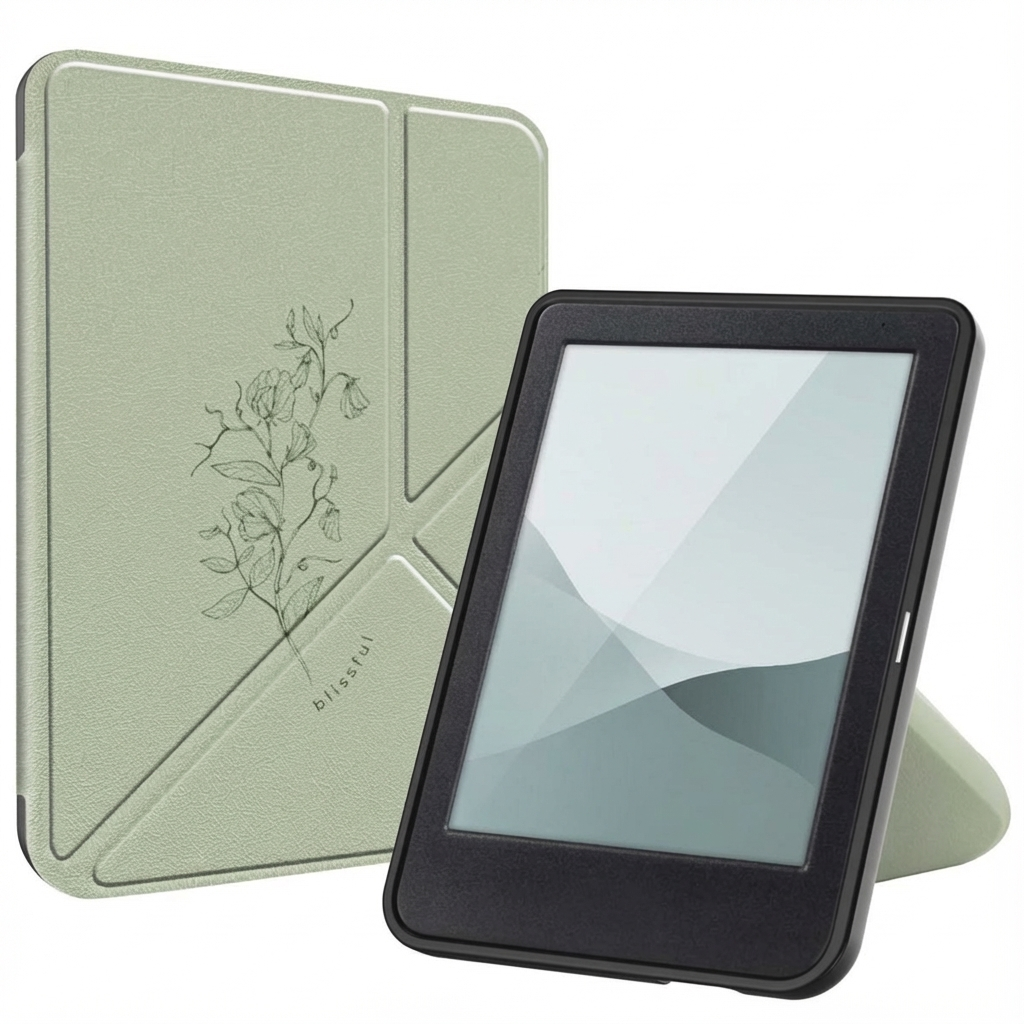 Een groene e-reader hoes met bloemenmotief staat naast een e-reader.