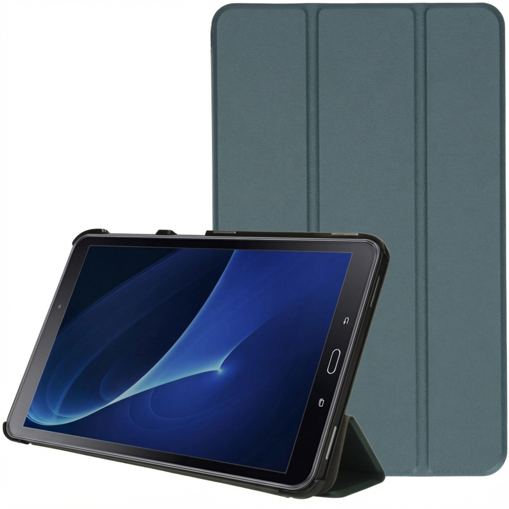 Un étui bleu sarcelle pour tablette se tient derrière une tablette dans un étui noir avec écran abstrait bleu.