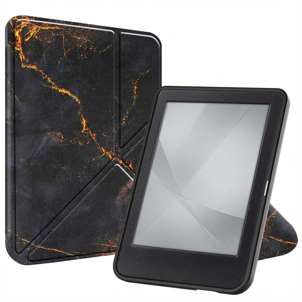 Een zwarte e-reader met marmerpatroon hoes en ingebouwde standaard.