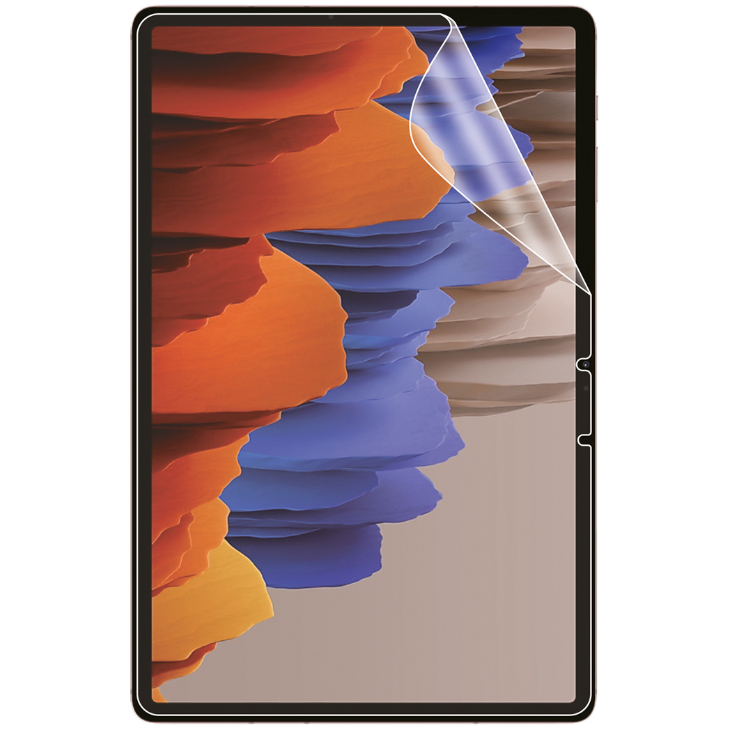 A tablet with a screen protector partially peeled off. Abstract background graphic.