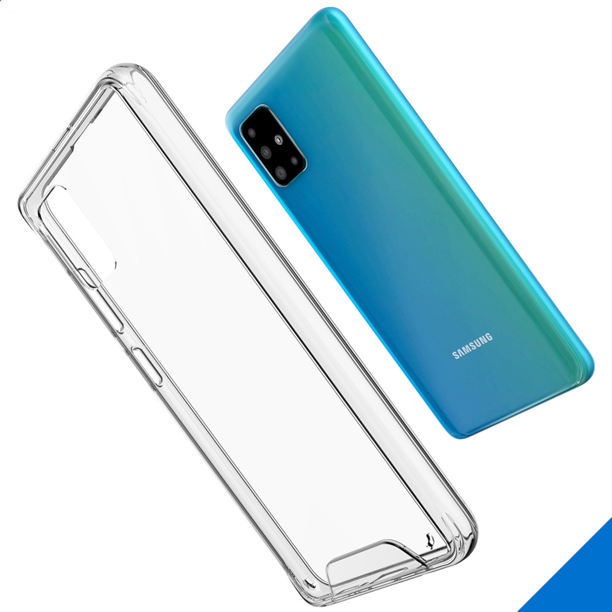 Een doorzichtige telefoonhoes ligt naast een blauwe Samsung smartphone.