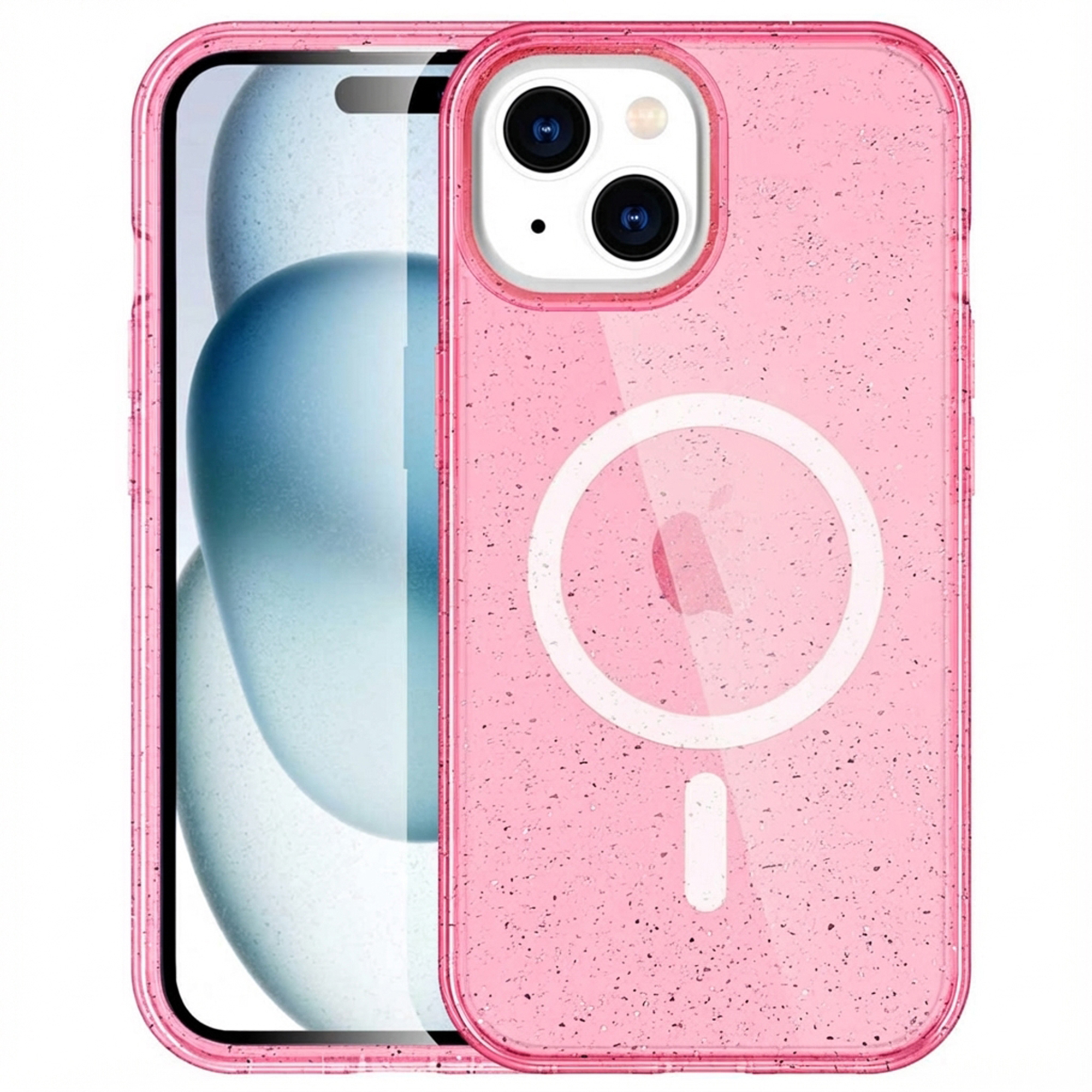 Transparent pink case with glitter particles and MagSafe circle.
