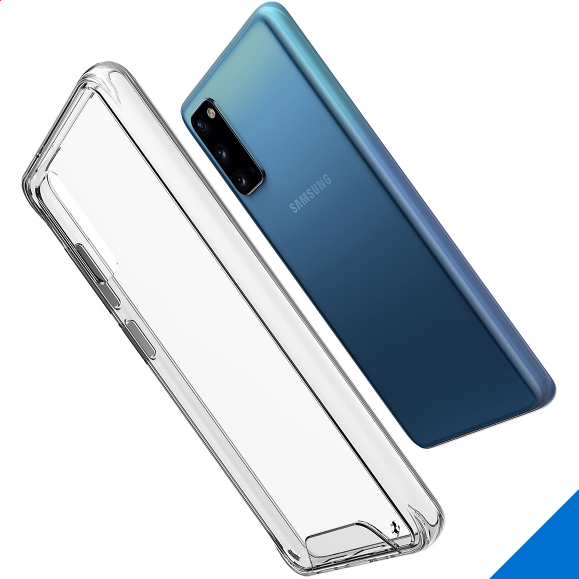Une coque de téléphone transparente à côté d'un smartphone Samsung bleu.