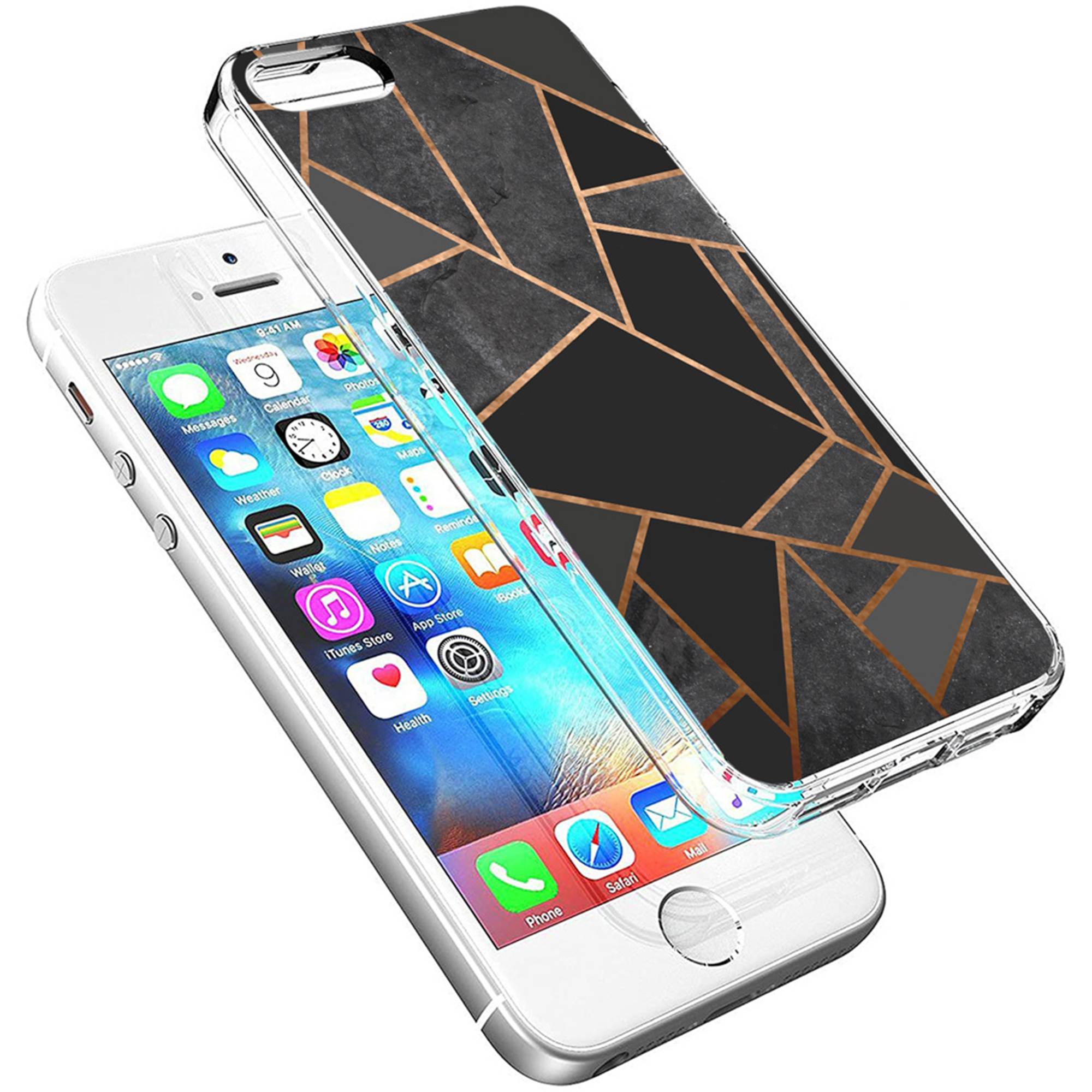 Un iPhone bianco con una cover trasparente con motivo geometrico nero e oro.