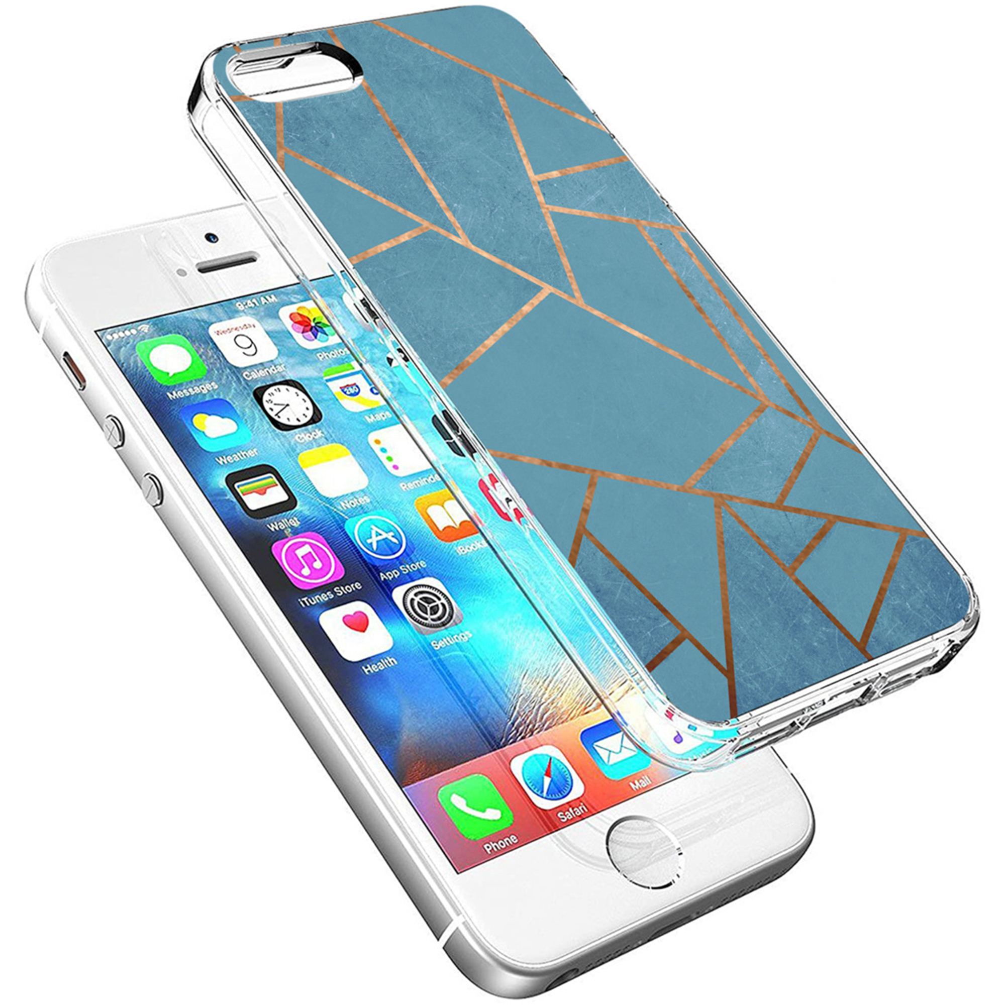 Un iPhone bianco con una custodia blu a fantasia geometrica.