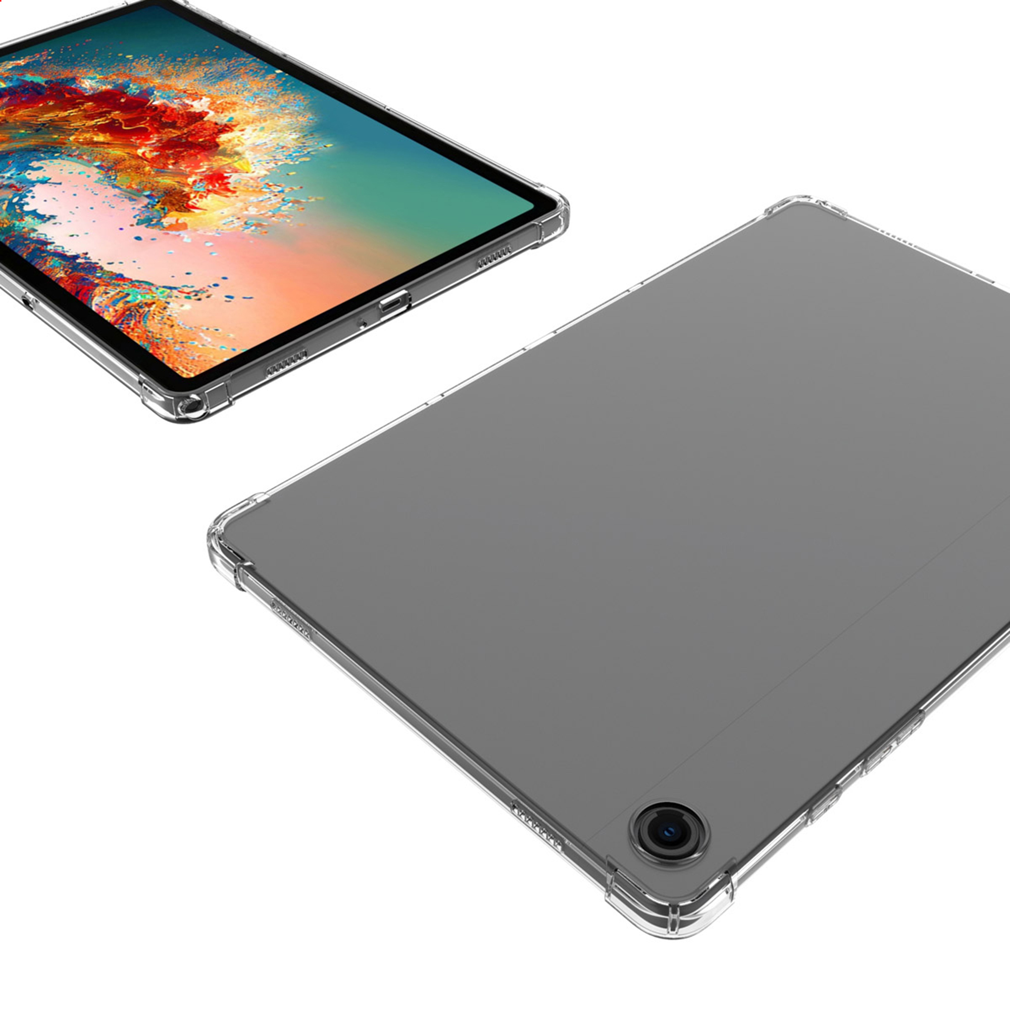 A tablet in a clear case, showing front and back views.