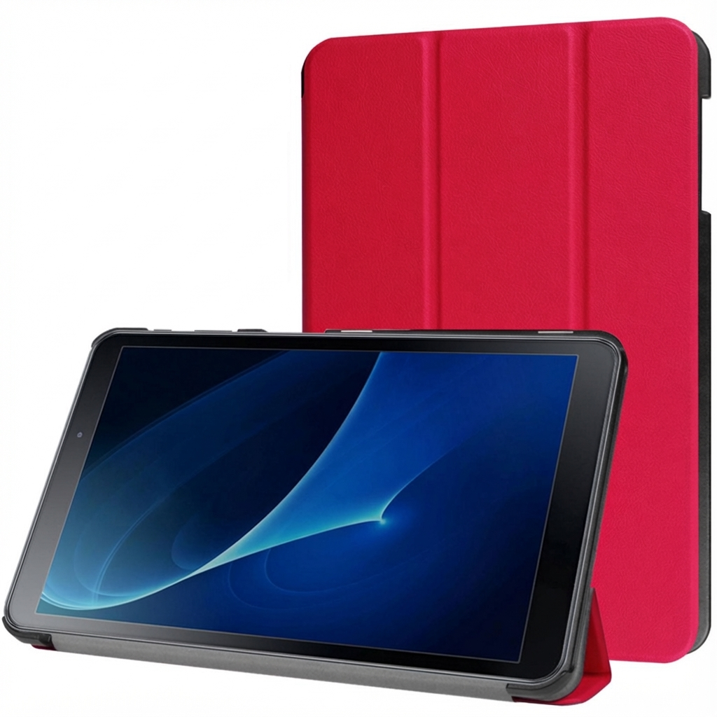 Een rode tablethoes staat, met een tablet ervoor op witte achtergrond.
