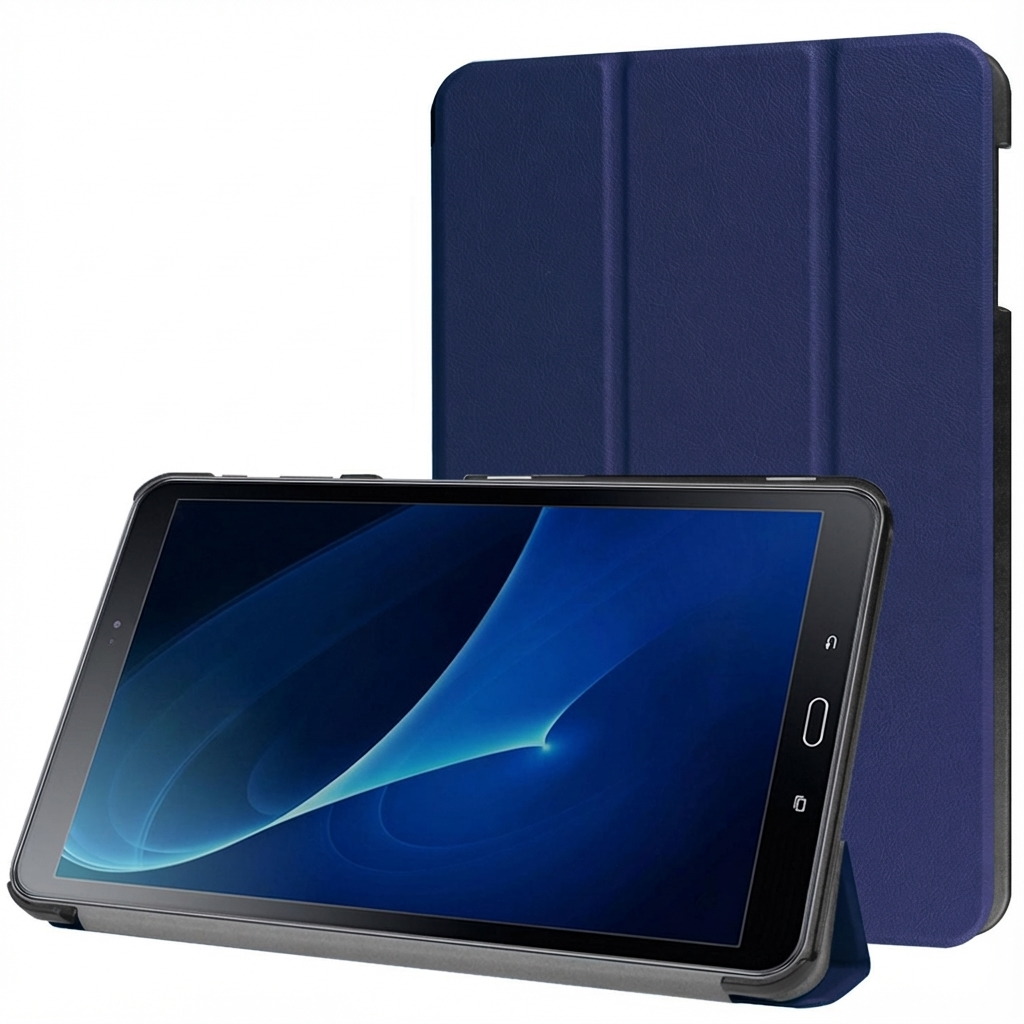 Une tablette bleue avec un étui bleu, sur fond blanc.
