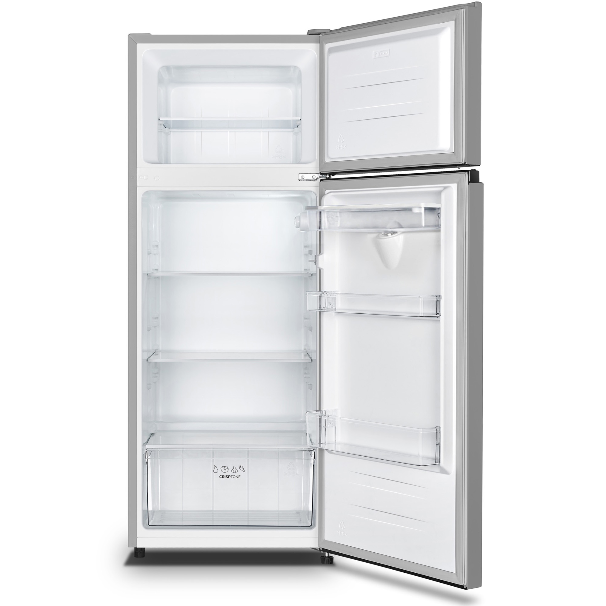 Ein offener, leerer Kühlschrank mit mehreren Regalen und einer Crisper-Schublade.