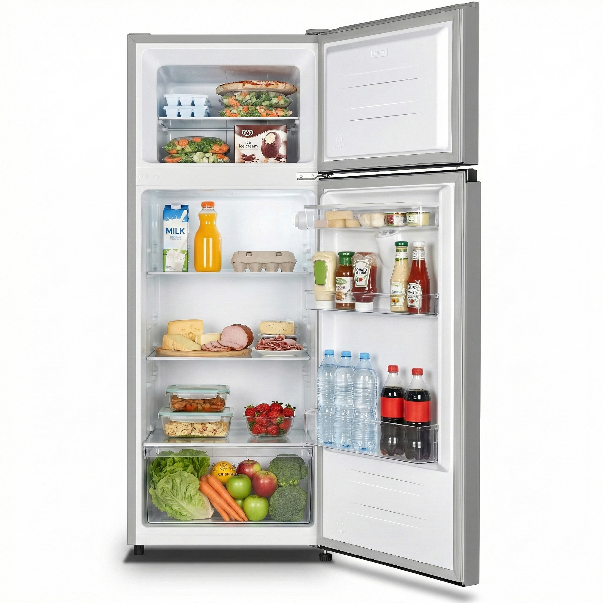 Gefrierschrank mit Eiscreme, gefrorenem Gemüse und Pizza. Kühlschrank mit Milch, Orangensaft, Eiern, Käse, Wurst, Erdbeeren und Gemüse.